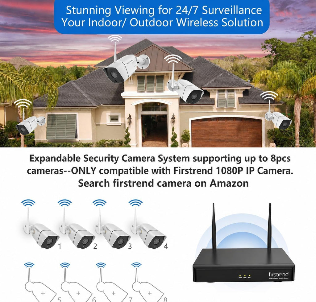 WiFi Wireless Security Camera System, Firstrend 8CH 1080P Wireless NVR System with 4 pcs 2MP IP Security Camera with 65 ft Night Vision and Easy Remote View, P2P CCTV for Home(No Hard Drive)