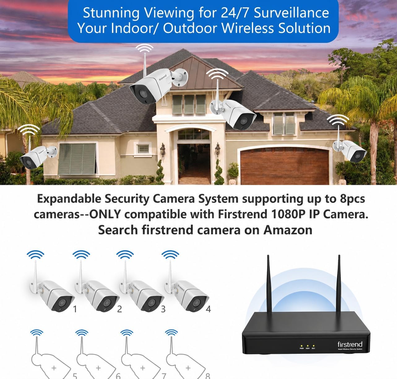 WiFi Wireless Security Camera System, Firstrend 8CH 1080P Wireless NVR System with 4 pcs 2MP IP Security Camera with 65 ft Night Vision and Easy Remote View, P2P CCTV for Home(No Hard Drive)