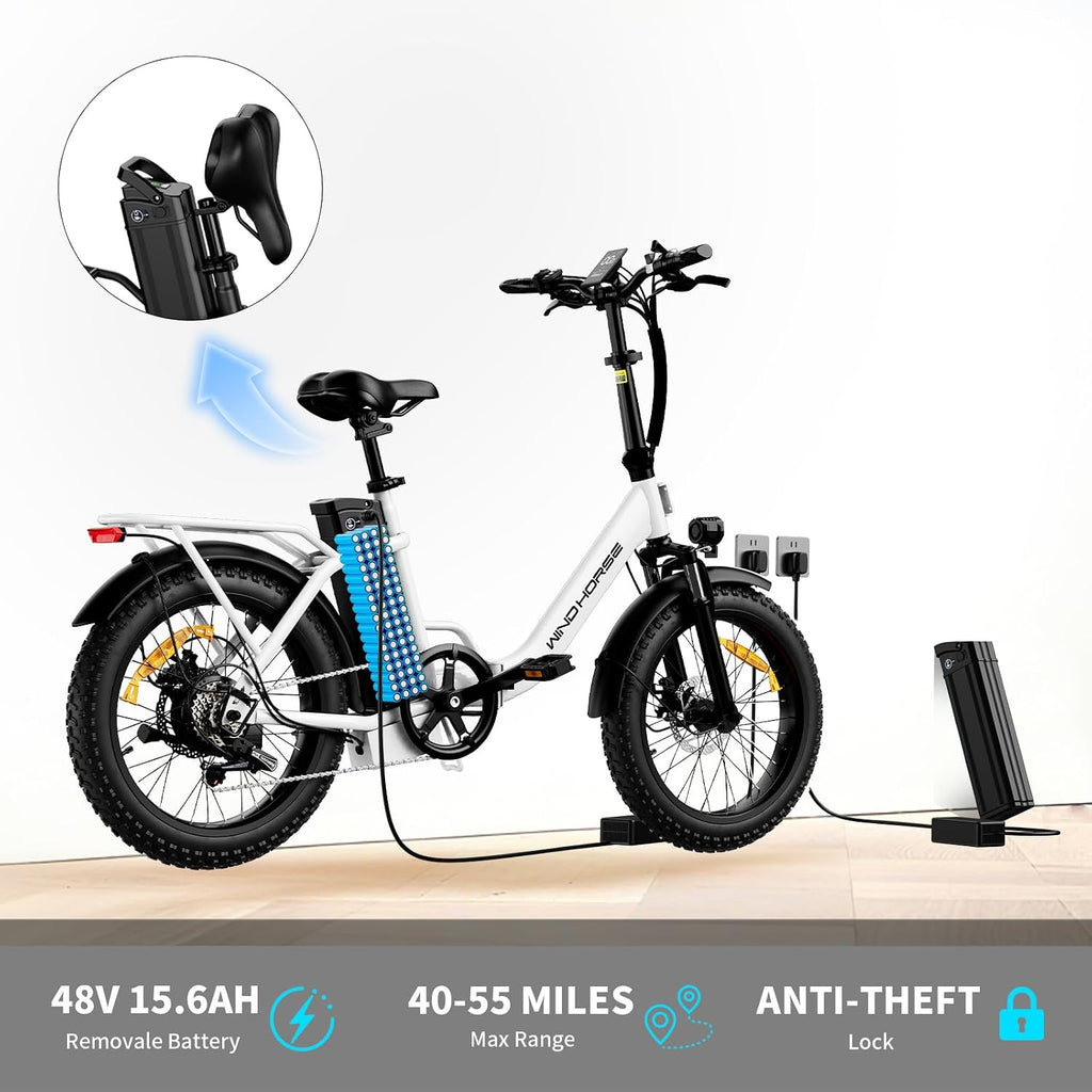 WINDHORSE 20' Folding Electric Bike, 983W Peak Motor, 20MPH, 40–70 Miles, 48V 748.8Wh Removable UL Battery, Front Suspension, Fat Tire E-Bike for Commuting, Beach, All -Terrain | Adults & Teens