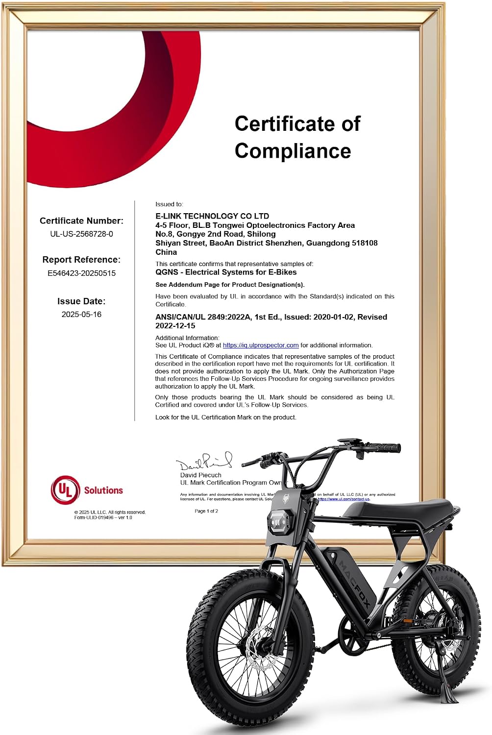 MACFOX X1S Electric Bike for Teens & Adults, UL Certified Class 2 Commuter Ebike, Street Legal Retro Fat Tire Cruiser, Safe 20MPH Campus Ride