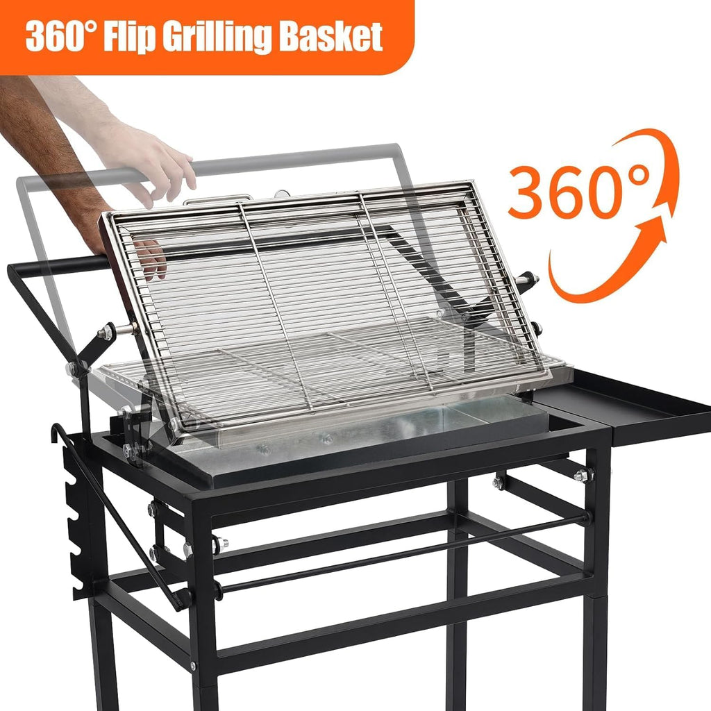 Rotating Grill, BBQ Charcoal Grill with Cart, 360° Rotating Blazefor Flip, Charcoal Flip Grill Blaze for Barbecue, Detachable Grid Stand-Up with Wheels and Adjustable Steel Frame