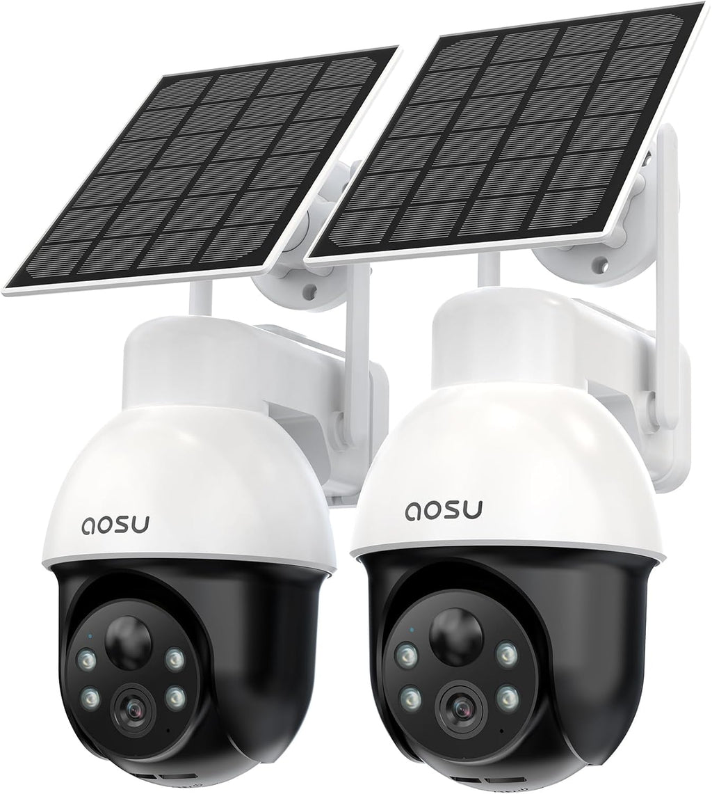 aosu 3K/5MP Solar Security Cameras System Wireless Outdoor, Battery Powered WiFi Camera for Home Security, Panoramic PTZ, Auto Tracking, Human/Vehicle Detection, Color Night Vision (2 Pack)
