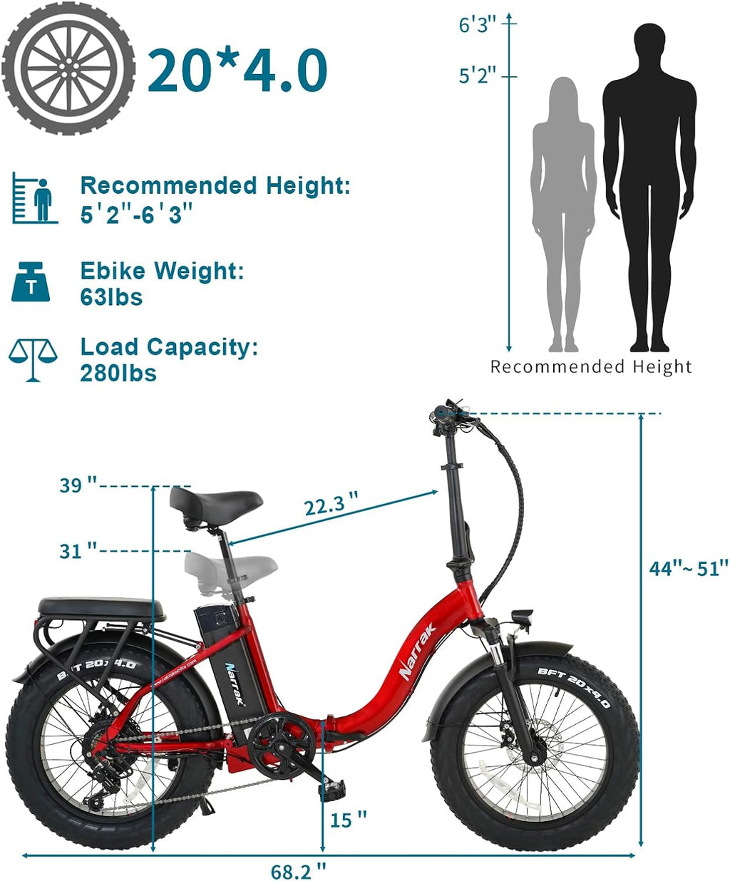 NARRAK Fat Tire Folding Electric Bike, 48V & 624Wh Lithium Removable Battery, Peak 1100W Brushless Motor, Max Speed 20Mph, M5 Large LCD Display, Suspension, Step-Over/Thru Frame
