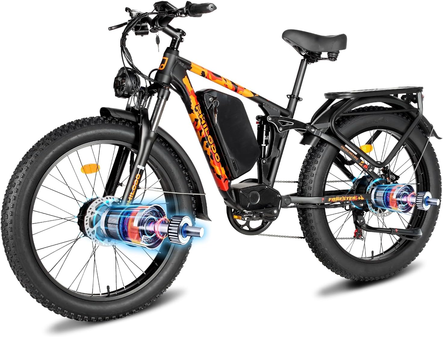 5000w Dual Motor Electric Bicycles, 60V Battery E-Bike with 45 MiIe P-Hour Electric Bike for Adults, 26 Fat Tire Hunting Ebike for All Terrain, Full Suspension Electric Ebike