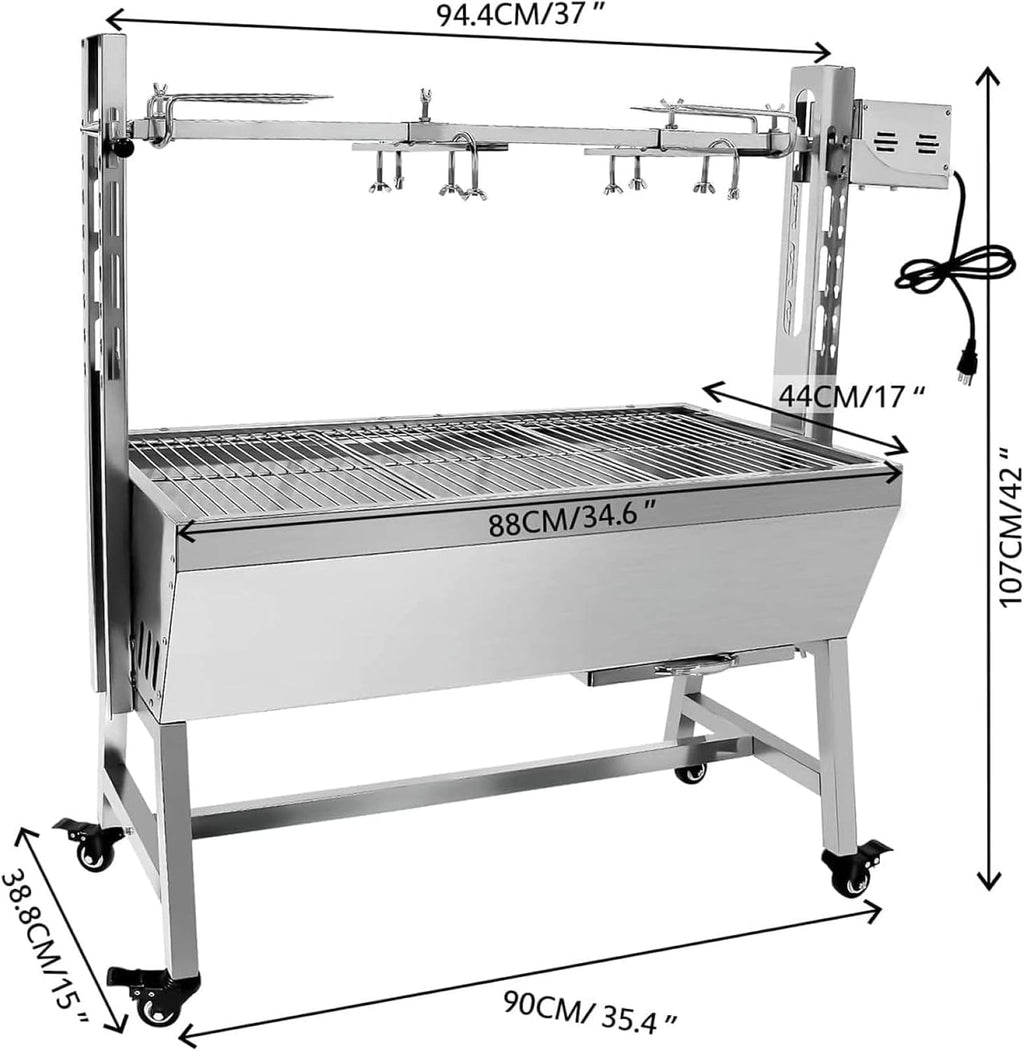 Stainless Steel Rotisserie Grill without Back Cover Guard, 132Lbs Capacity 25W Motor Small Pig Lamb Rotisserie Roaster, 37 Inch BBQ Charcoal Rotisserie Grill for Camping Outdoor