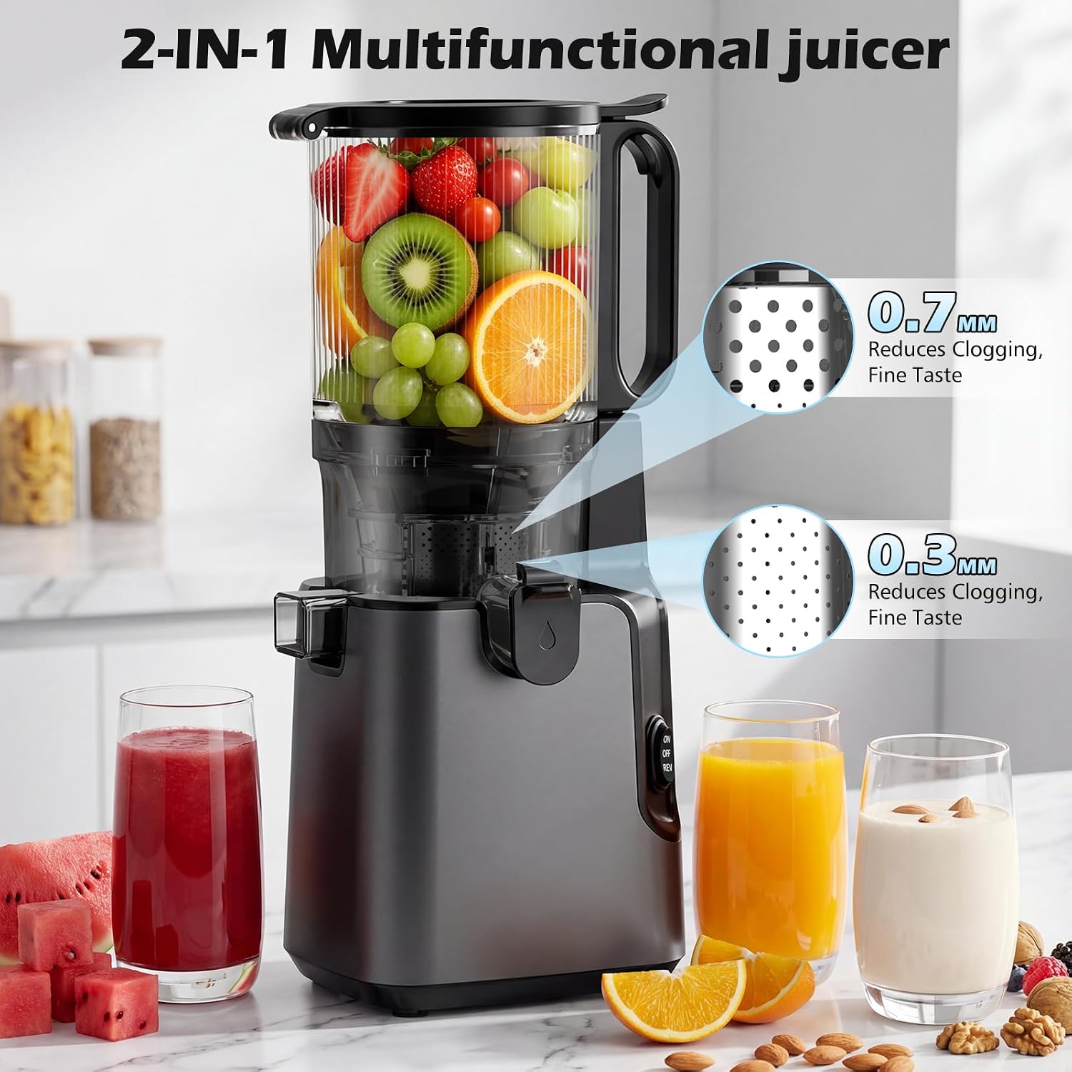 Juicer Machines with 5.8' Large Chute, 2-in-1 Cold Press Juicer for Whole Vegetables Fruits 400W, Masticating juicer Easy to Clean Juice Extractor Machine for Making Nut Mike, Juice, Premium Gray