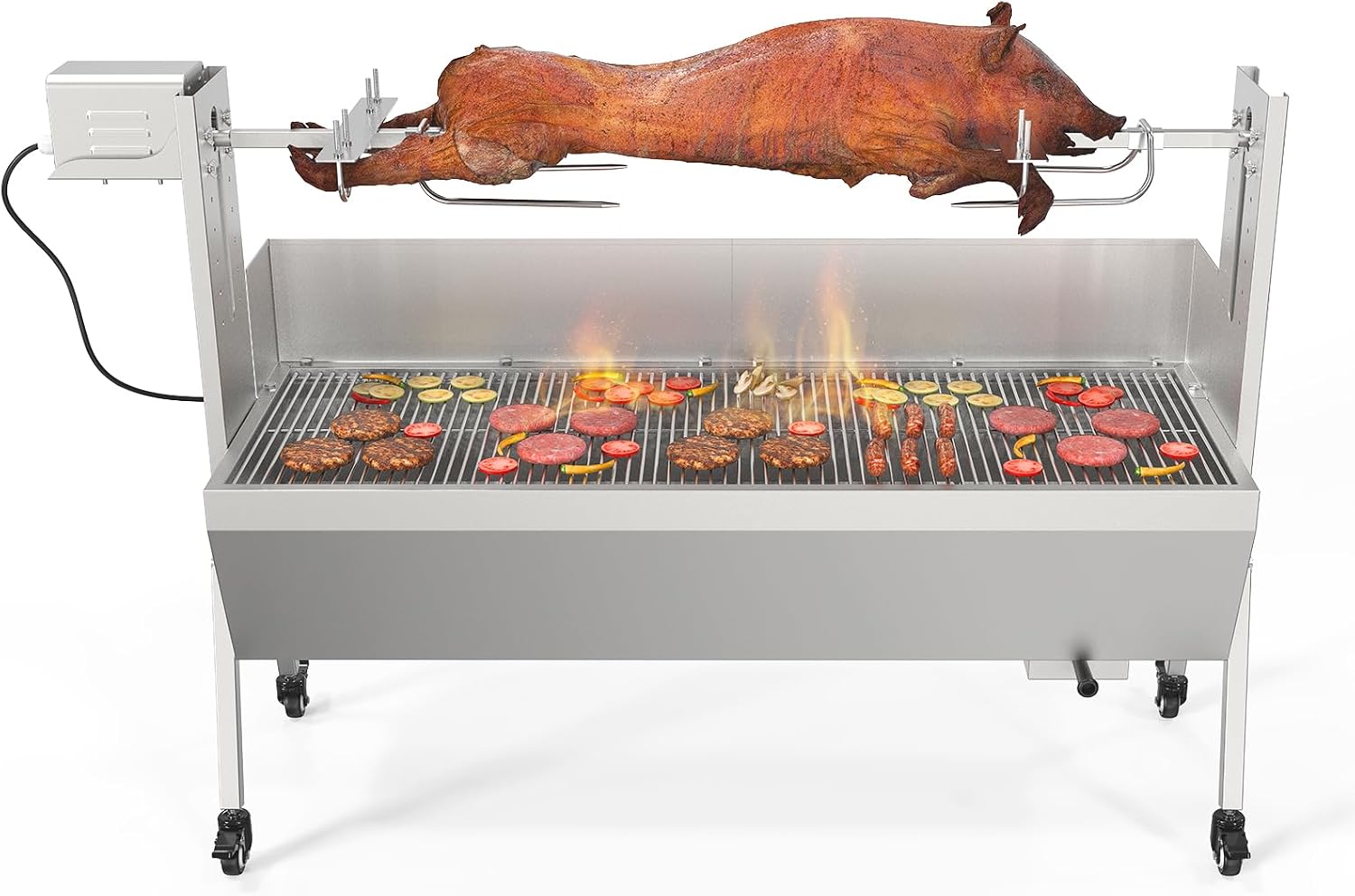 ROVSUN 46' Rotisserie Grill Kit, Pig Lamb Spit Roaster Stand Electric Rotisserie Grill 176 Lbs Capacity w/Wind Baffle Lockable Wheels Adjustable Height, BBQ Spit Rod for Outdoor Party Camping