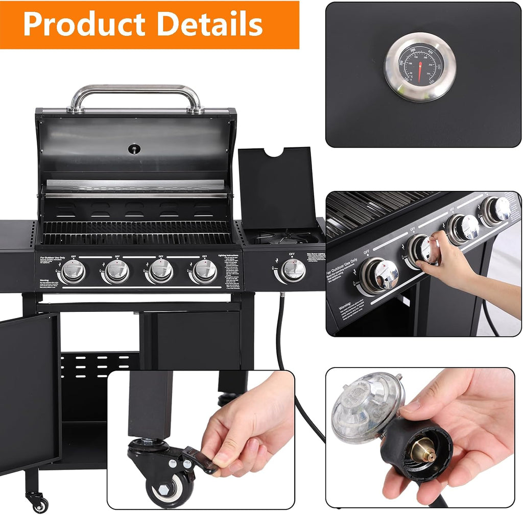 4-Burner Propane Gas BBQ Grill High-Strength Cast Iron with Side Burner, Portable 50,000 BTU Barbecue Grills with 4 Wheels and 449 SQ.IN. Cook Area for Outdoor Cooking and Backyard BBQ (Black)