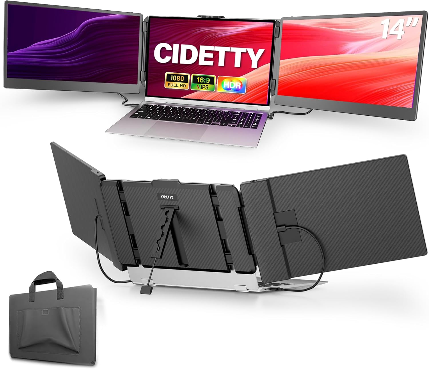 CIDETTY Laptop Screen Extender, 14'' FHD 1080P IPS Ultra-Thin Dual/Triple Monitor Display, HDMI/USB-C Plug-Play Portable Monitor for Laptop, Built-in Speakers(Mac, Win, Android)