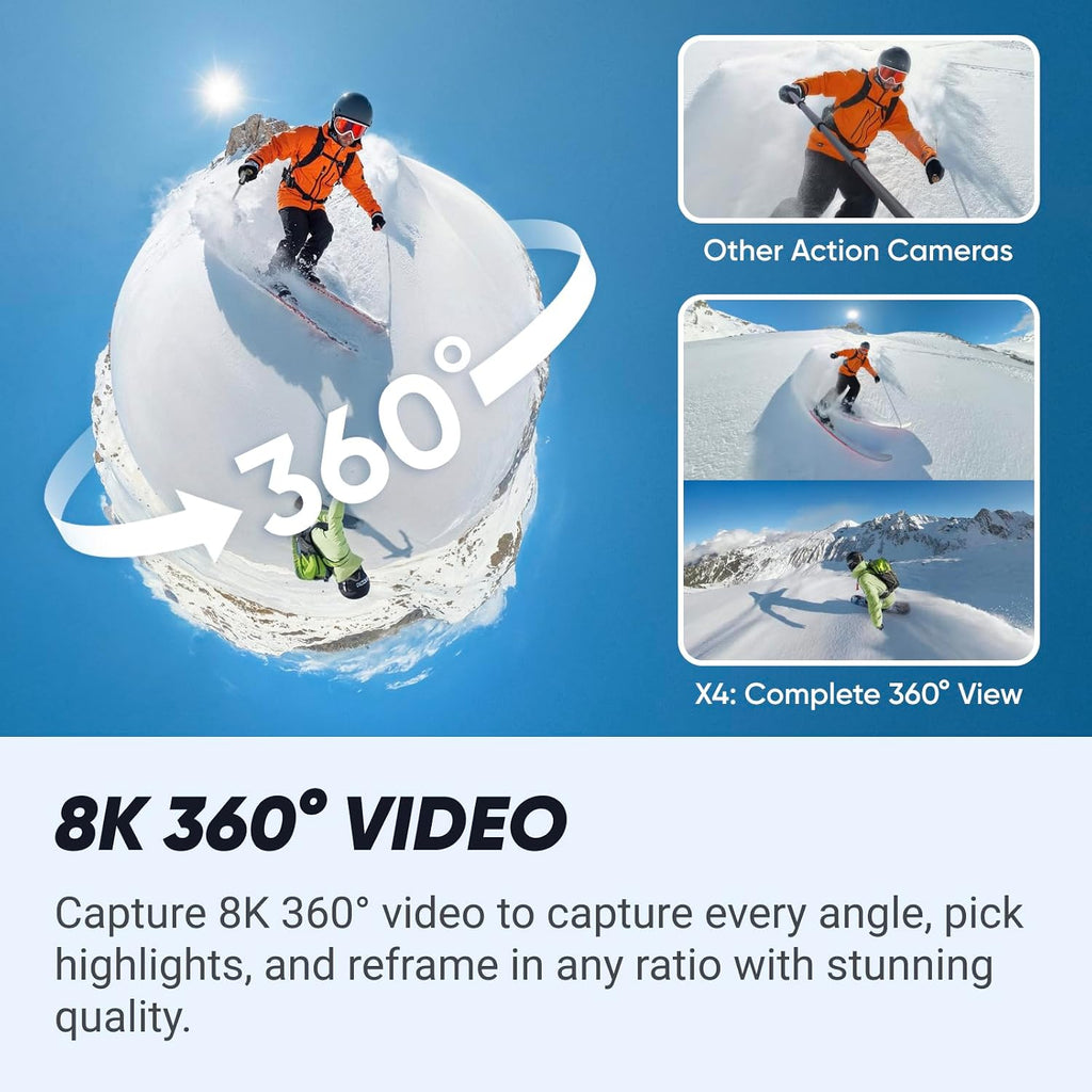 Insta360 X4 Ski Bundle - 8K Waterproof 360 Action Camera, 4K Wide-Angle Video, Invisible Selfie Stick, Removable Lens Guards, 135 Min Battery Life, AI Editing, No Micro SD Card