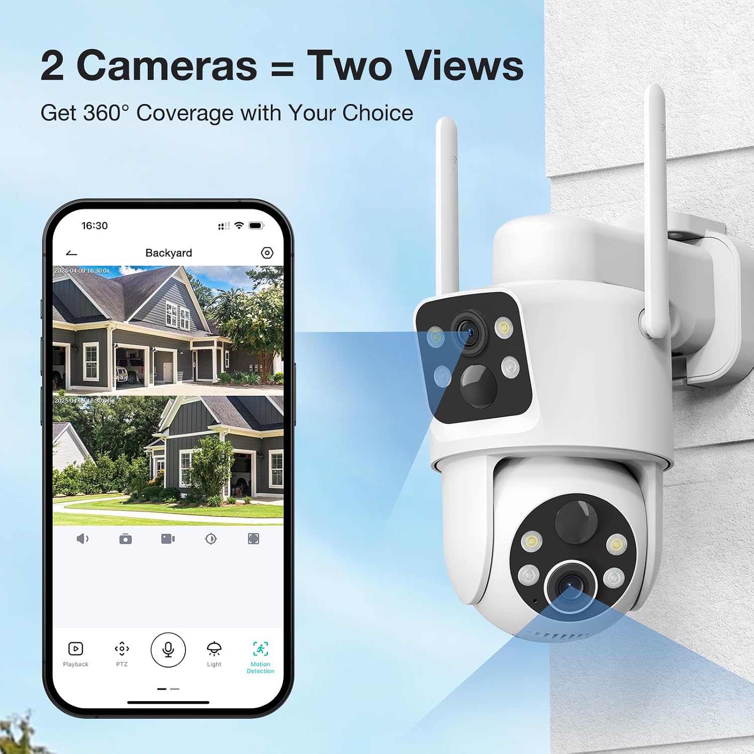 TKENPRO 2 Pack Dual Lens Solar Security Cameras Wireless Outdoor, 2K Full HD Video, 360° View Pan/Tilt Home Security Camera with Color Night Vision, Easy to Install （2pack）