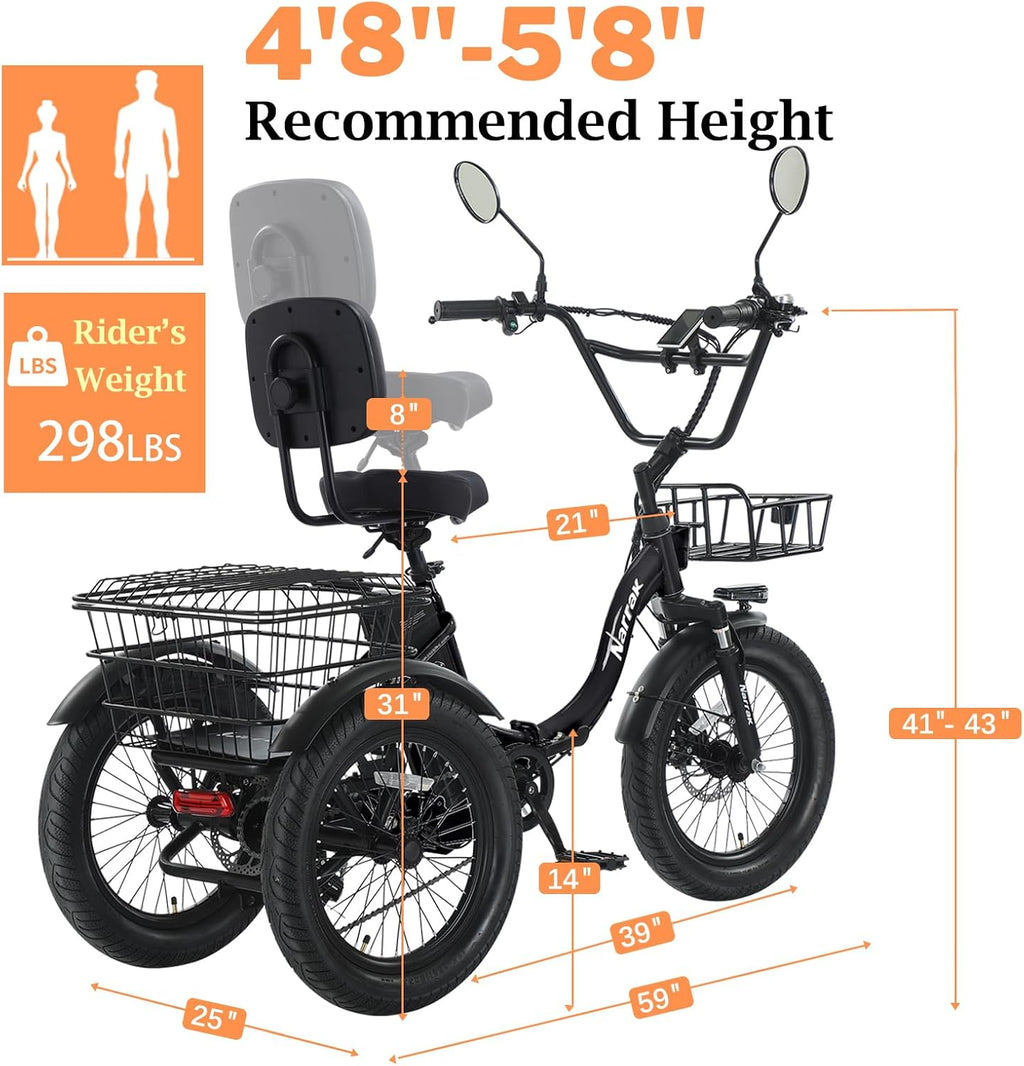 NARRAK Electric Tricycle for Adults,Fat Tire Folding Electric Trike,3 Wheels Electric Bicycle Bikes, Peak 700W/1100W Step-Thru Etrike with Removable Battery and Large Basket