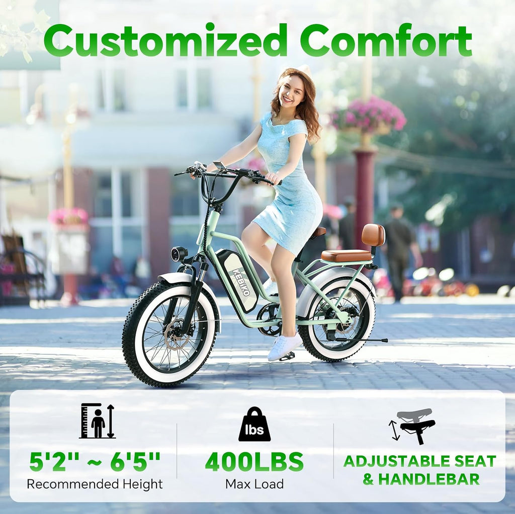bluebiko 2 Seater Electric Bike, 48V 20AH(𝟗𝟔𝟎𝐖𝐇) Large Removable Battery, 𝟏𝟑𝟎𝟎𝐖 Peak Motor, 20'x 4.0' Fat Tire Ebike for Adults, 80+Miles, City Couple E Bike for All Terrain