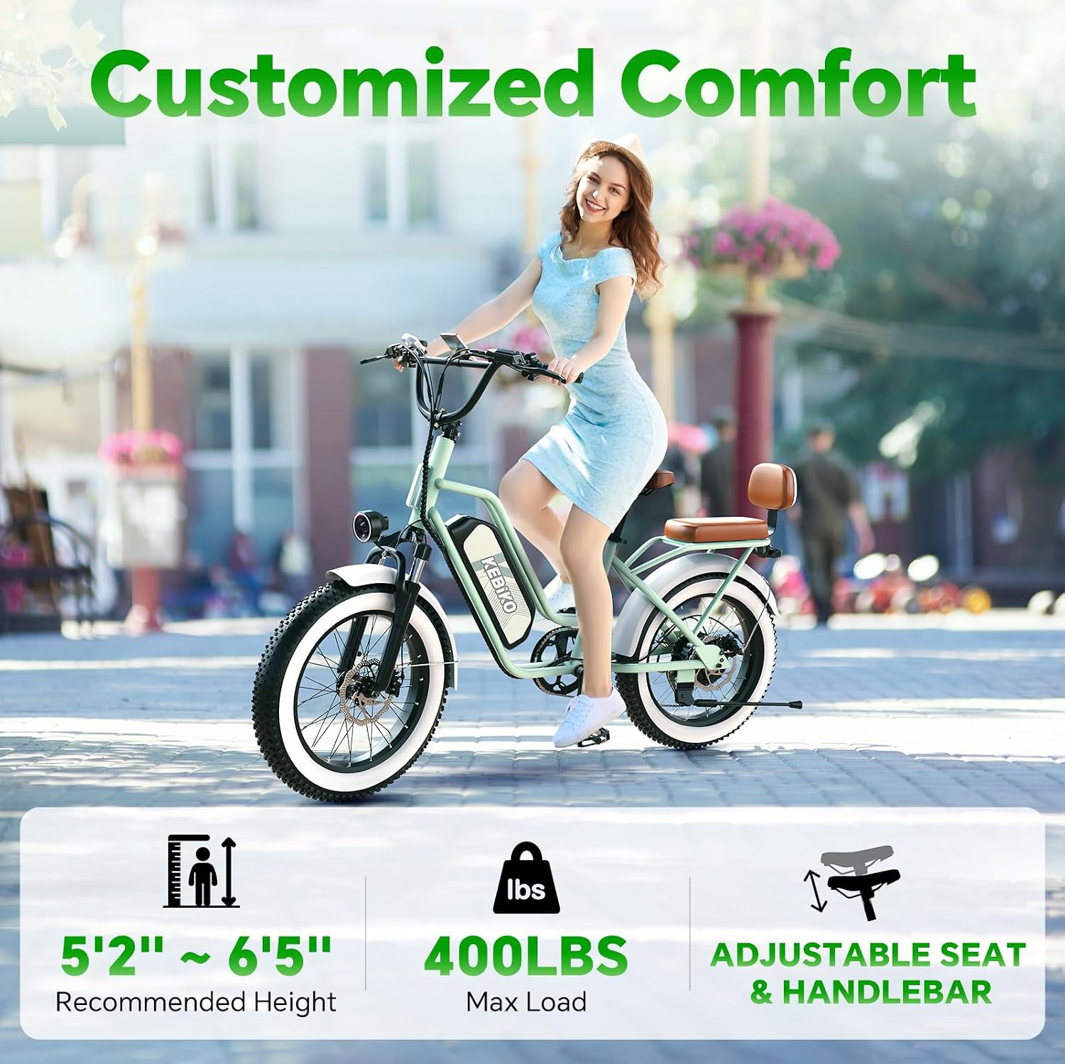 bluebiko 2 Seater Electric Bike, 48V 20AH(𝟗𝟔𝟎𝐖𝐇) Large Removable Battery, 𝟏𝟑𝟎𝟎𝐖 Peak Motor, 20'x 4.0' Fat Tire Ebike for Adults, 80+Miles, City Couple E Bike for All Terrain