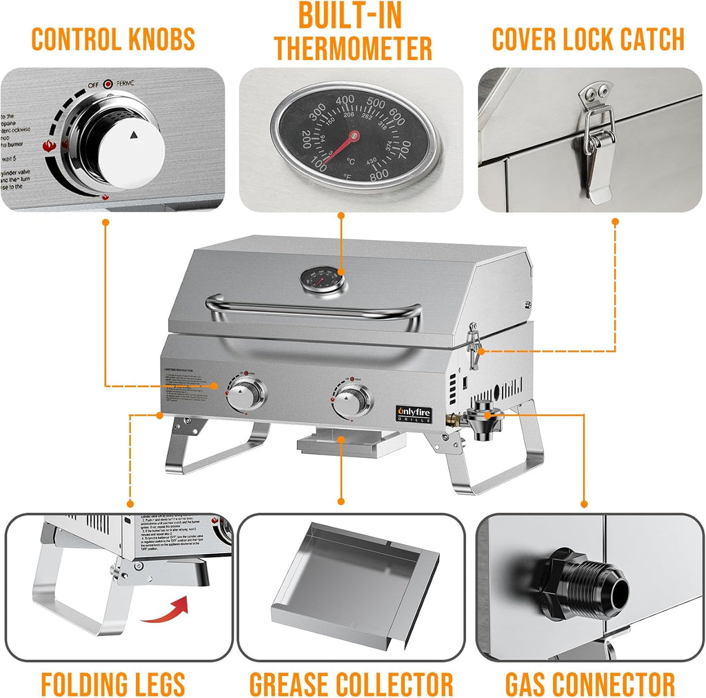 ONLYFIRE GRILLS Tabletop Gas Grill 2 Burners, 20' Portable Propane Grill with Foldable Legs for Outdoor Patio Backyard Camping Tailgating RV Trip Beach, Stainless Steel Gas Stove 16000BTU, GS322