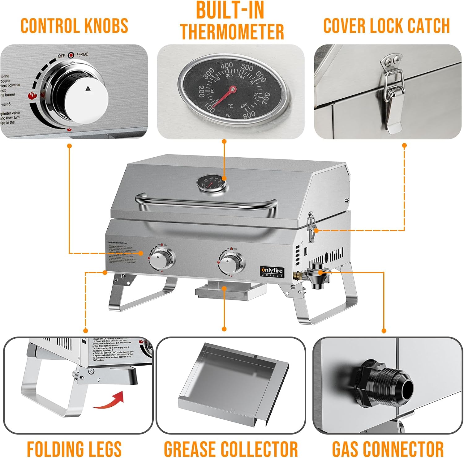 ONLYFIRE GRILLS Tabletop Gas Grill 2 Burners, 20' Portable Propane Grill with Foldable Legs for Outdoor Patio Backyard Camping Tailgating RV Trip Beach, Stainless Steel Gas Stove 16000BTU, GS322