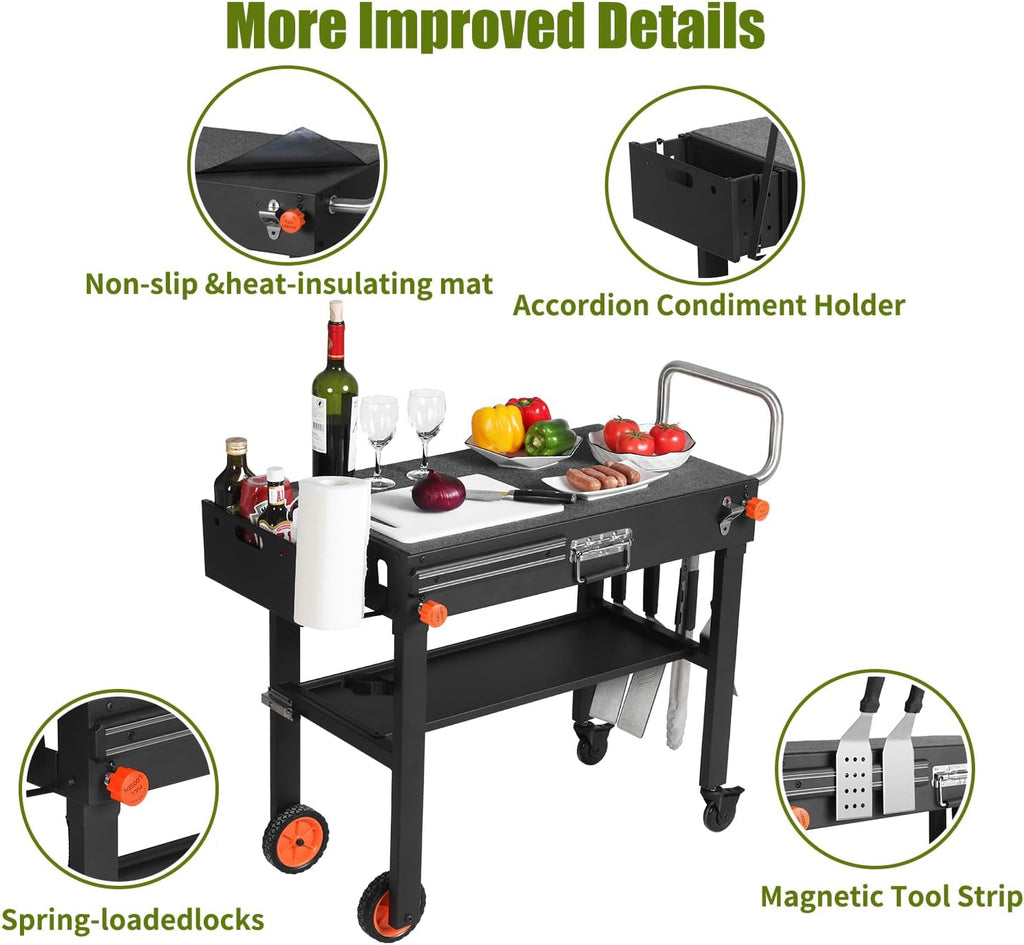 Portable Outdoor Grill Table, Blackstone Grill Stand Solid and Sturdy 31'W x 17'D, Movable Kitchen Cooking Prep BBQ Cart with Wheels, Folding Cart for Ninja, Blackstone Griddle 17'/22' etc