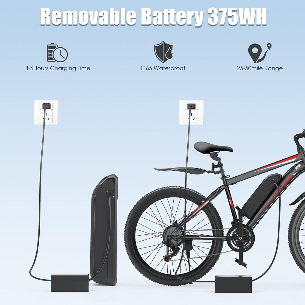 GOCIO 500W Electric Bike 26' Mountain Bicycle Adults Cruise Control Pedal Assist 48V 375Wh Battery 21-Speed E-Bike UL2849