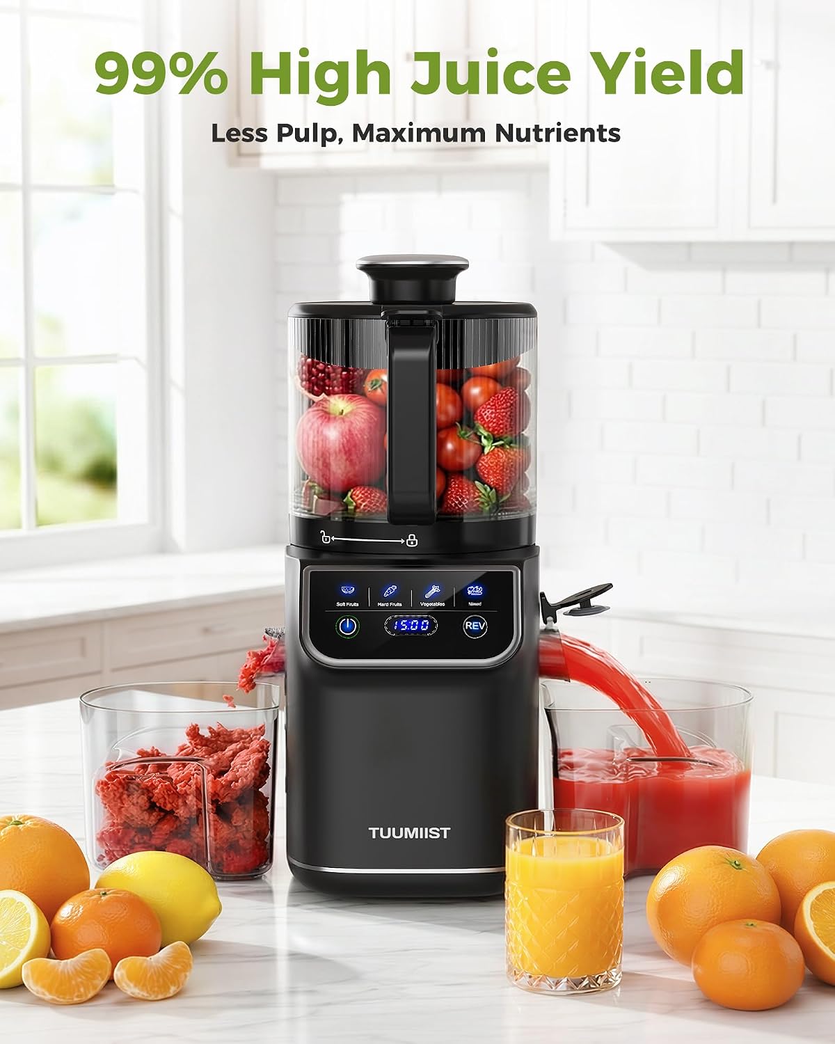 TUUMIIST 3-in-1 Cold Press Juicer Machine, Smart Touch Masticating Juicers for Whole Fruit & Vegetable, 6.5' Wide Chute Slow Juicer for Nut Milk & Sorbet, High Yield, 100oz Large Capacity, Easy Clean