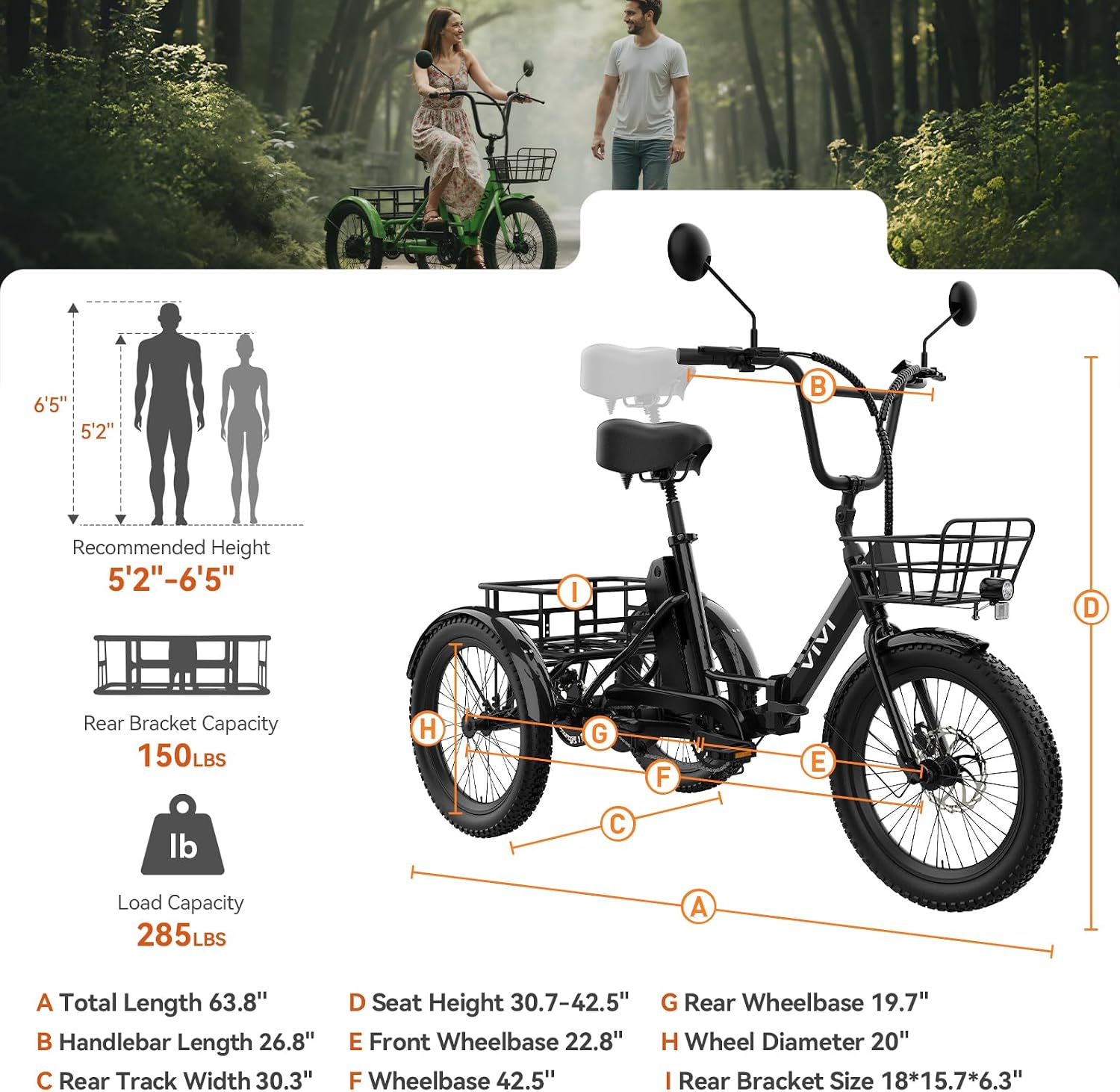 Vivi T01 20' x2.6 Fat Tire Electric Tricycle for Adults, 750W Peak 20'' Folding 3 Wheels Electric Bike, 95% Pre-Assembled, Speed Differential, 15.5MPH Eletric Trike with Bracket