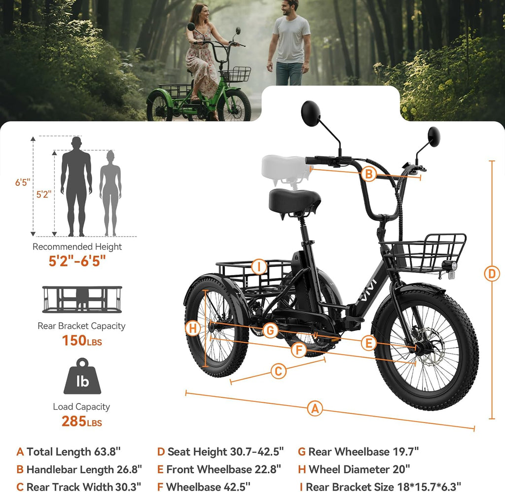 Vivi T01 20' x2.6 Fat Tire Electric Tricycle for Adults, 750W Peak 20'' Folding 3 Wheels Electric Bike, 95% Pre-Assembled, Speed Differential, 15.5MPH Eletric Trike with Bracket