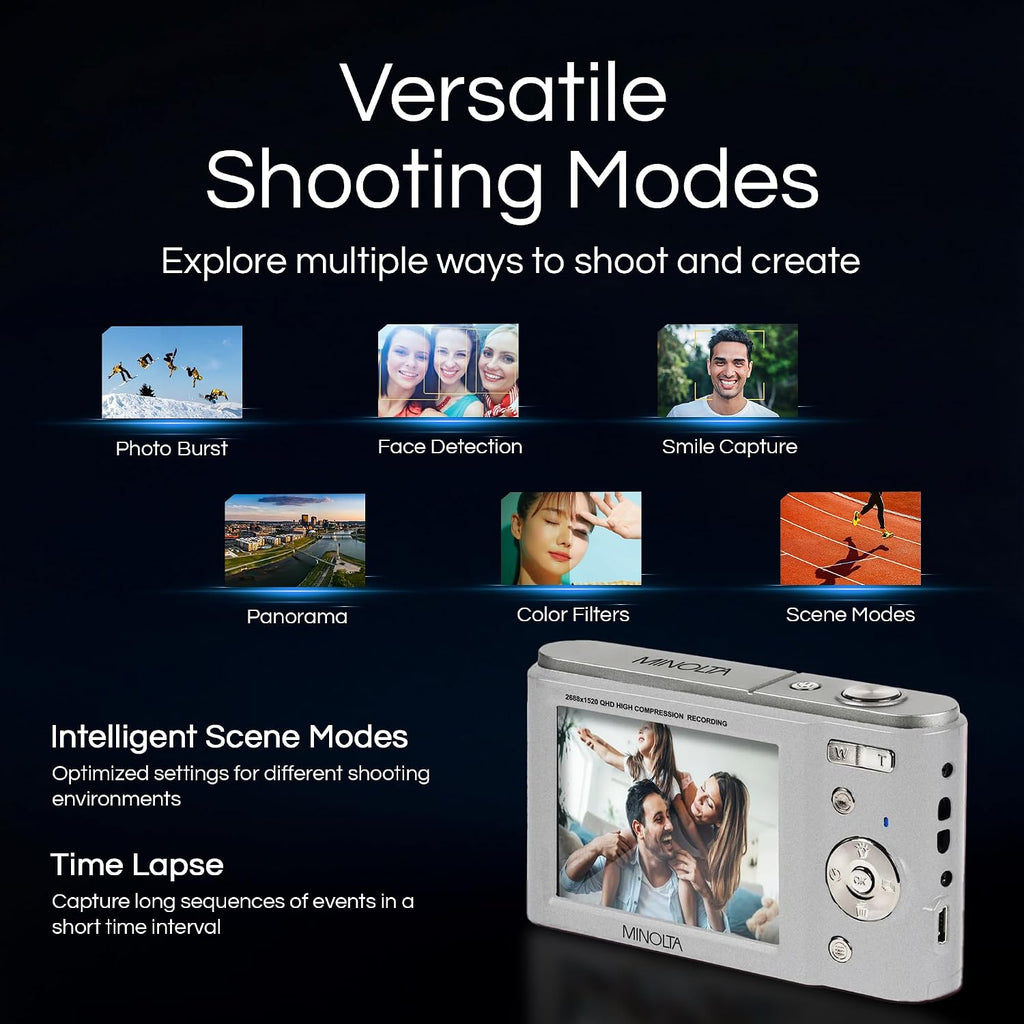 Minolta MND20 44MP Digital Camera – 2.7K Ultra HD Video, 16X Digital Zoom, Anti-Shake Stabilization, Time Lapse, Face Detection, 2.9-inch LCD Display – Lightweight Compact Camera (Silver)