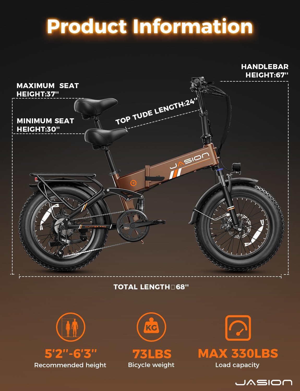 Jasion X Hunter PRO Electric Bike for Adults,1800W Peak 20''Fat Tire Foldable E Bikes,Folding Ebike Up to 80 Miles Range 30 MPH,720 WH Removable Battery,Certified by UL2849，X Hunter Upgrade