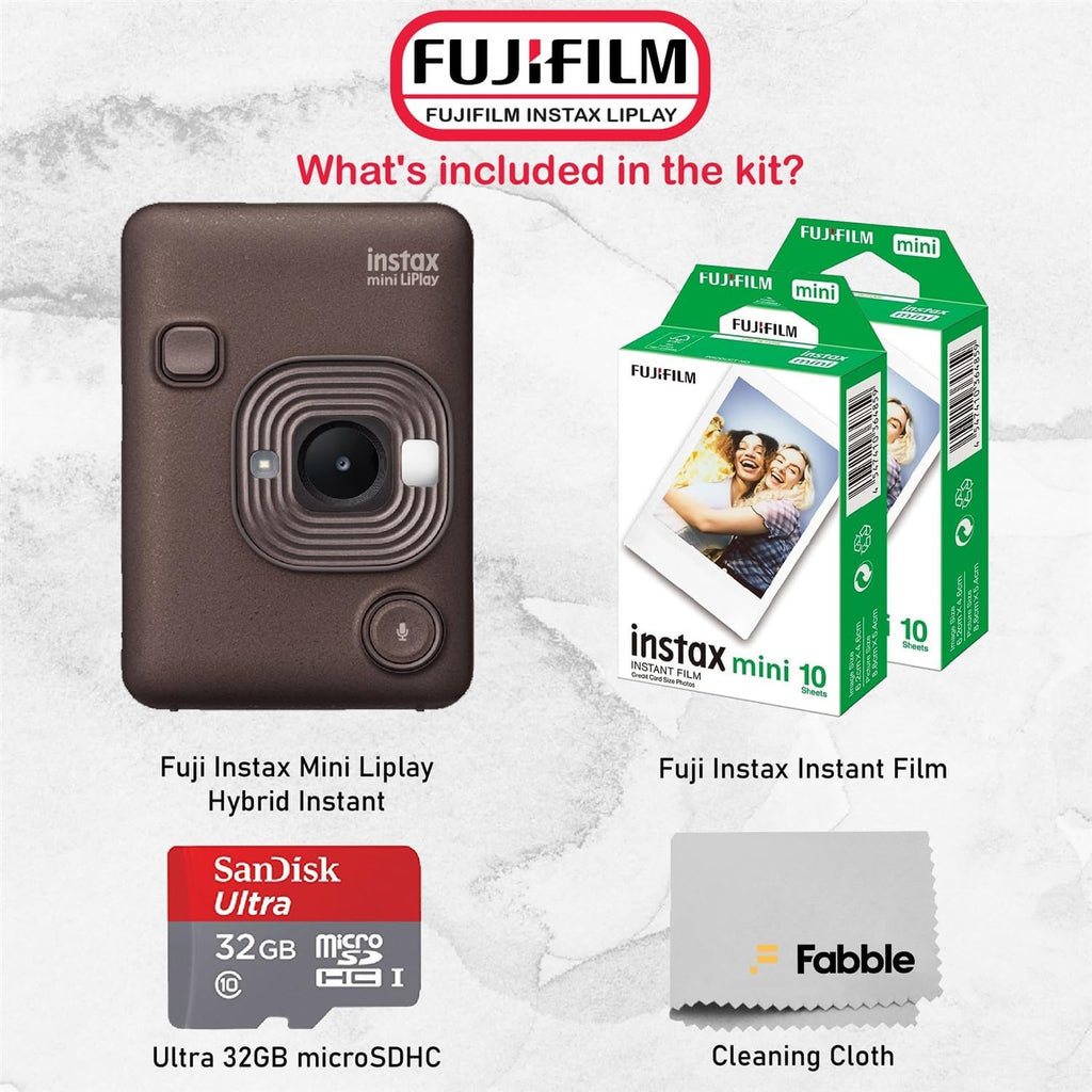 Fujifilm INSTAX Mini LiPlay Hybrid Instant Camera Bundle with 20 Sheets INSTAX Mini Film, 32GB microSD Card, USB Charging Cable, Hand Strap, Cleaning Cloth (Deep Bronze)