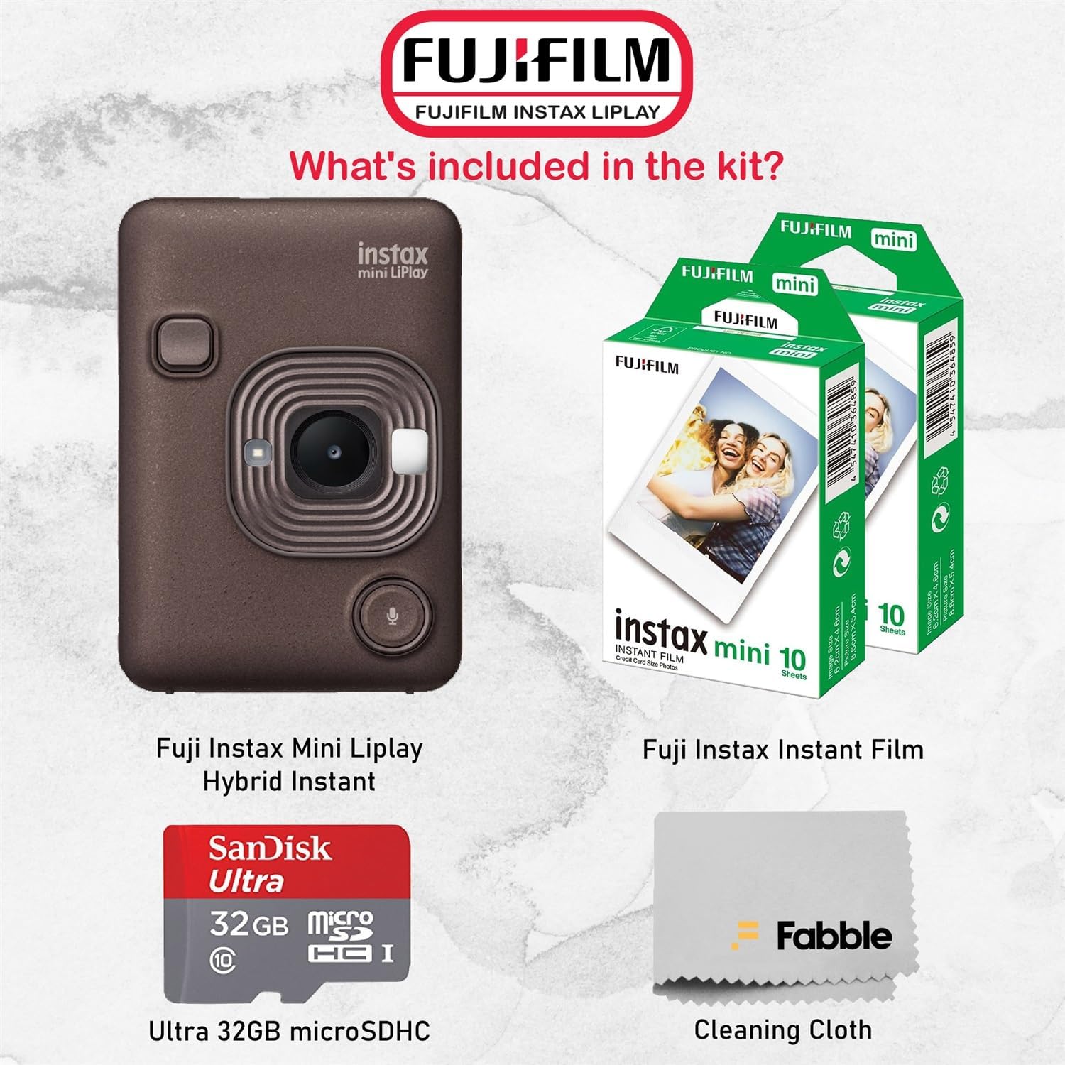 Fujifilm INSTAX Mini LiPlay Hybrid Instant Camera Bundle with 20 Sheets INSTAX Mini Film, 32GB microSD Card, USB Charging Cable, Hand Strap, Cleaning Cloth (Deep Bronze)