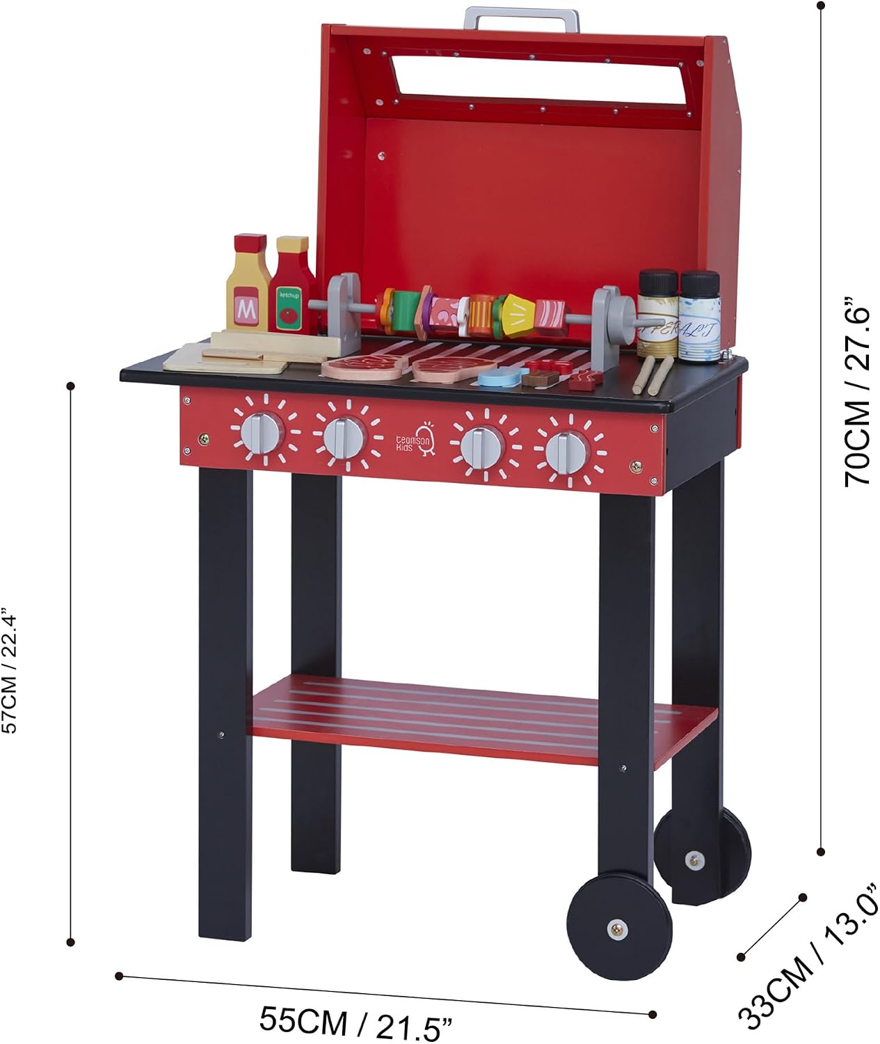 Teamson Kids Little Helper Backyard Pretend Propane BBQ Grill Interactive Wooden Play Set with Accessories and Storage Space for Easy Clean Up, Red
