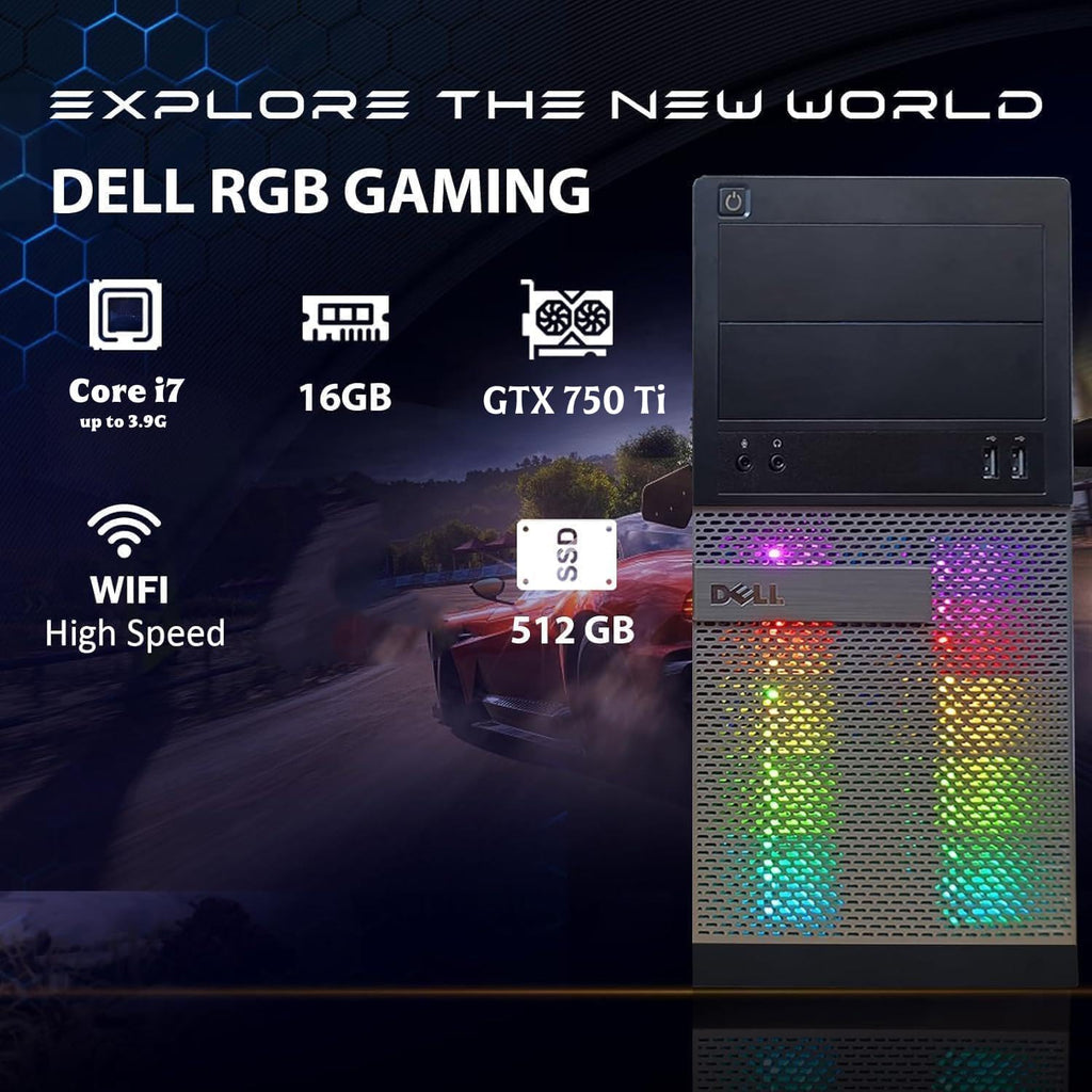 Dell Gaming OptiPlex Desktop RGB Computer PC, Intel Core i7, GeForce GTX 750Ti, 16GB RAM, 512GB SSD, RGB Keyboard & Mouse, WiFi 600M, BT 5.0, Windows 11 Pro (Renewed)