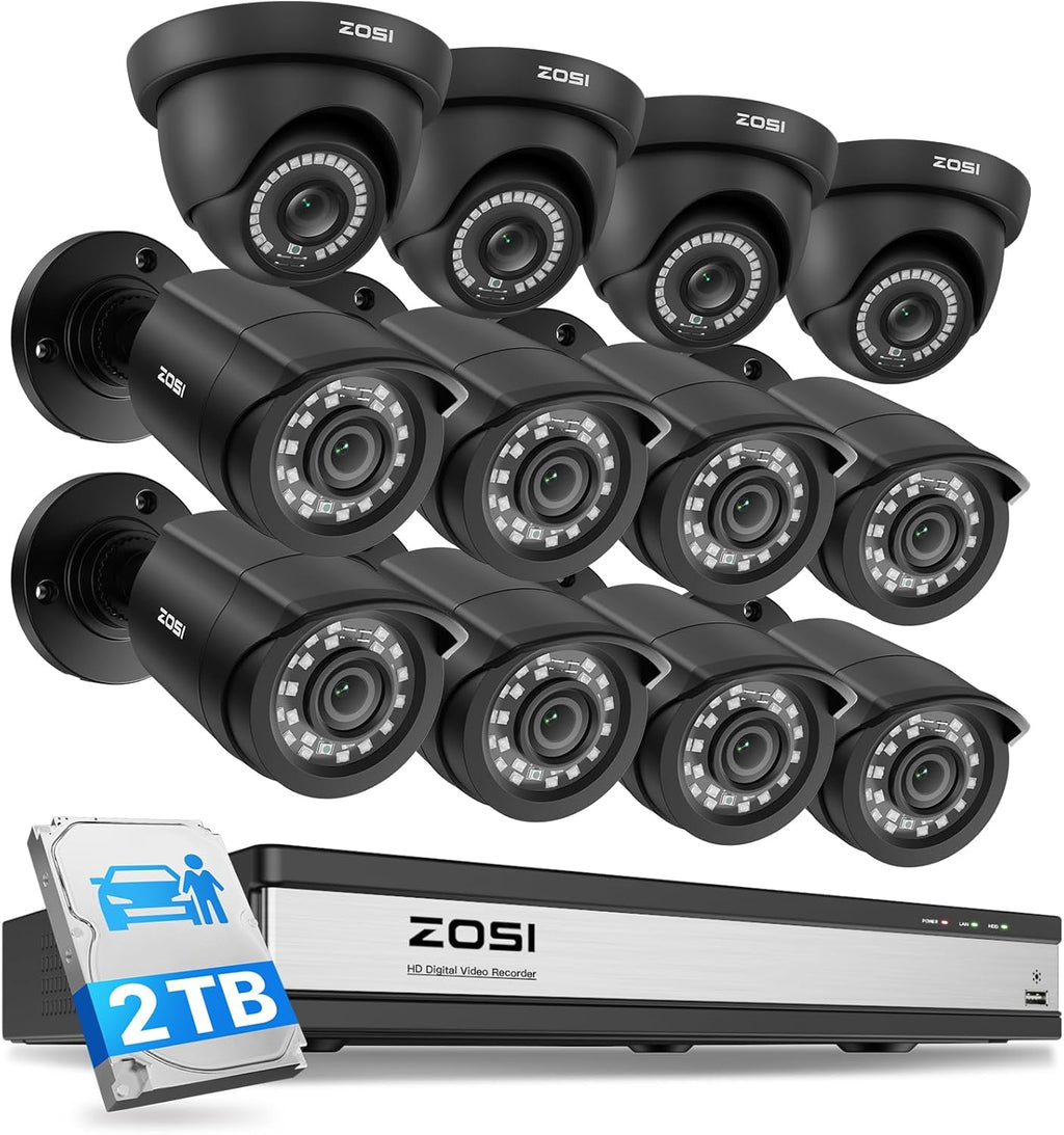 ZOSI 16CH 3K Lite Security Camera System with 2TB HDD,AI Human/Vehicle Detection,Night Vision,Remote Access,H.265+ 16 Channel 5MP Lite HD-TVI DVR with 12PCS 1080P Outdoor Indoor Surveillance Cameras