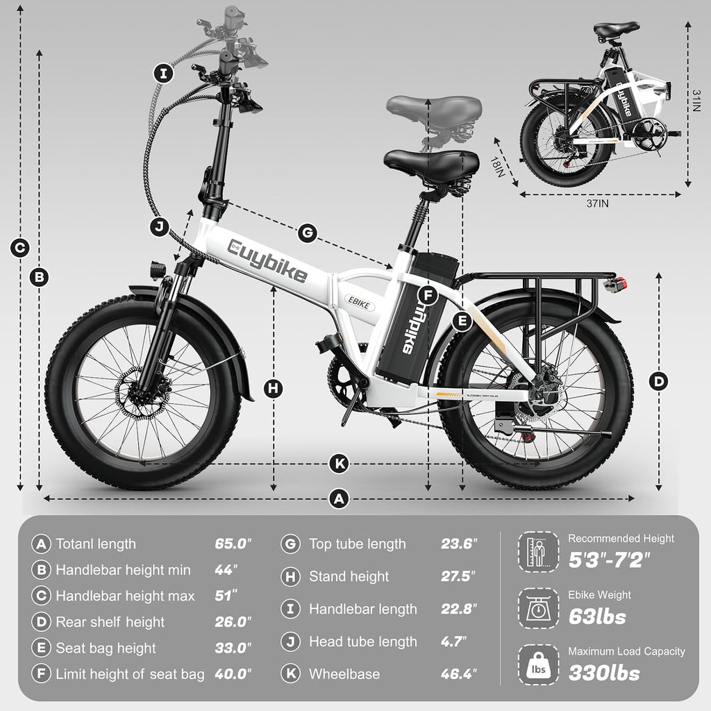 Foldable Electric Bike for Adults, 48V 20Ah Removable Lithium Battery up to 80Miles, 20' Fat Tire 1000W Peak Motor Dirt Ebike Adult Electric Bicycle for Commute Beach Mountain E Bike