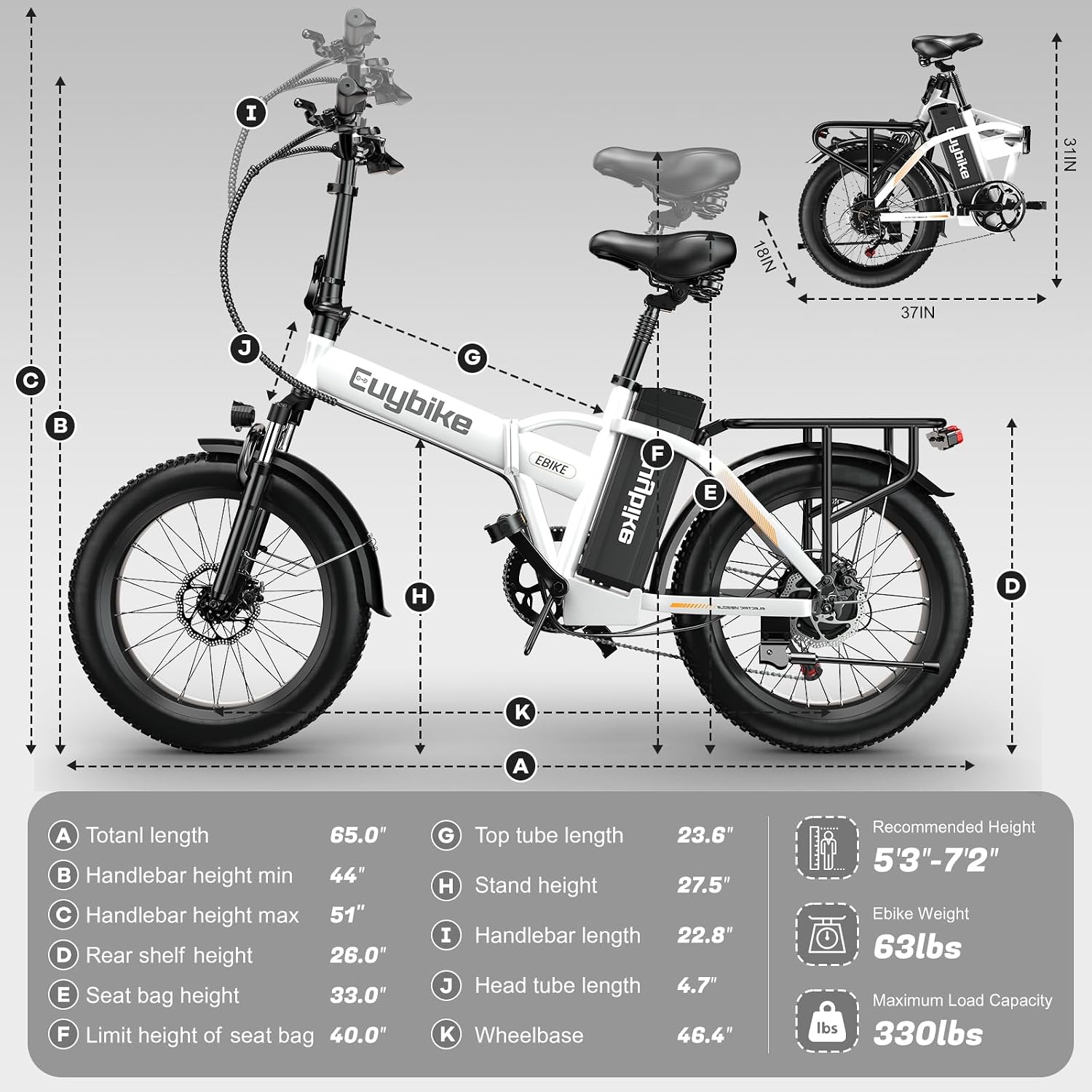 Foldable Electric Bike for Adults, 48V 20Ah Removable Lithium Battery up to 80Miles, 20' Fat Tire 1000W Peak Motor Dirt Ebike Adult Electric Bicycle for Commute Beach Mountain E Bike