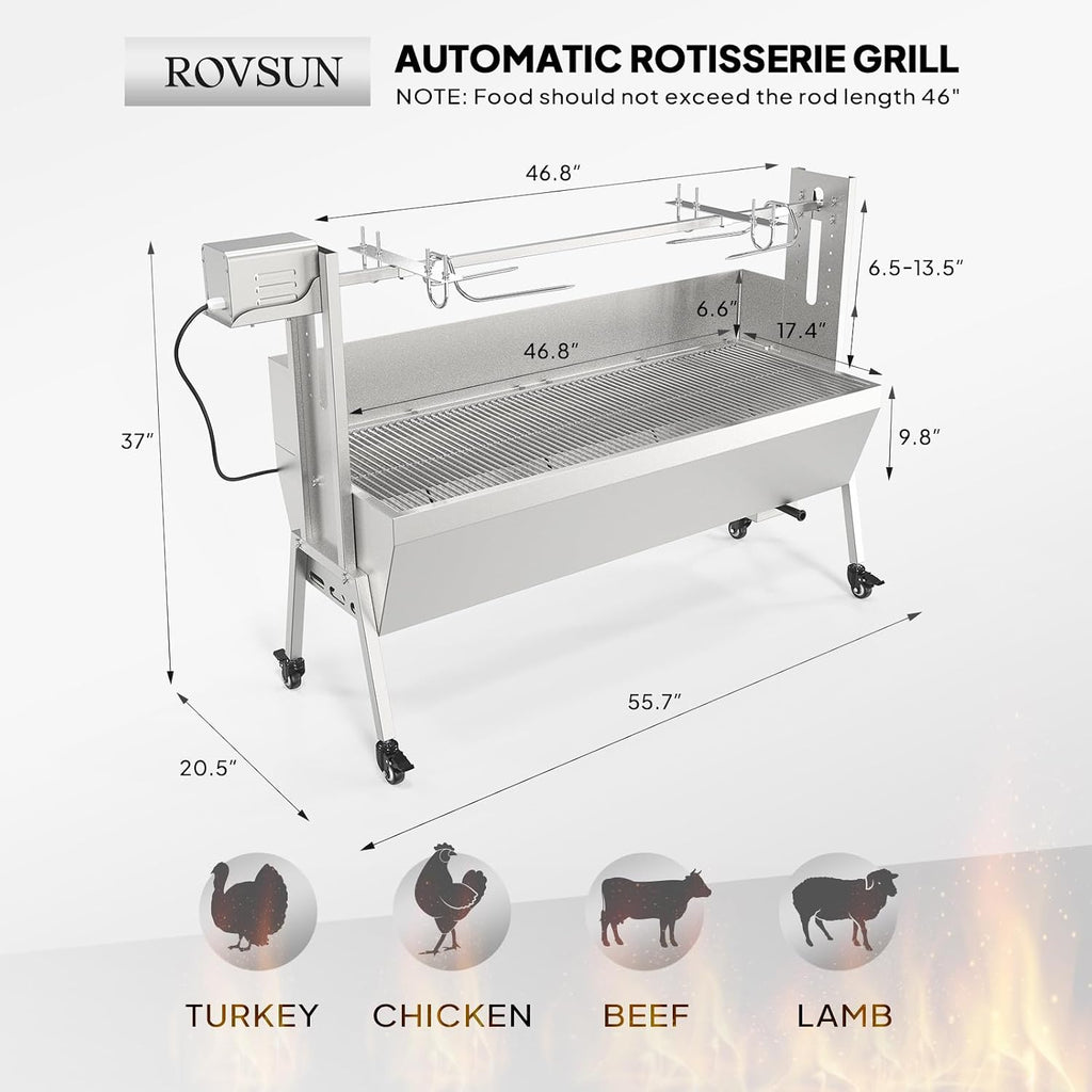 ROVSUN 46' Rotisserie Grill Kit, Pig Lamb Spit Roaster Stand Electric Rotisserie Grill 176 Lbs Capacity w/Wind Baffle Lockable Wheels Adjustable Height, BBQ Spit Rod for Outdoor Party Camping