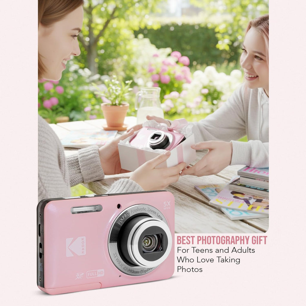 Kodak PixPro Friendly Zoom FZ55 16MP 1080p Full HD Digital Camera (Pastel Pink) Bundle with 128GB SD Card, Battery (2-Pack) and Travel Organizer (4 Items)