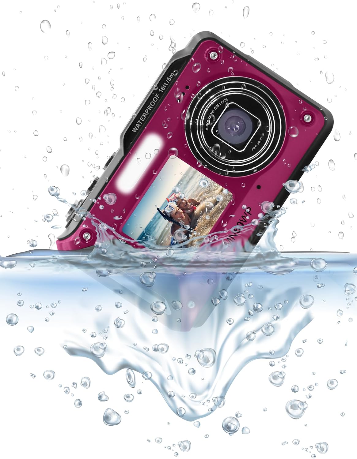 Minolta Waterproof Digital Camera - 48MP Photos, 4K UHD Video, Dual LCD Screens, 16ft Waterproof, 16X Zoom, Anti-Shake, Slow Motion, Compact Point-and-Shoot for Travel & Underwater (Magenta)