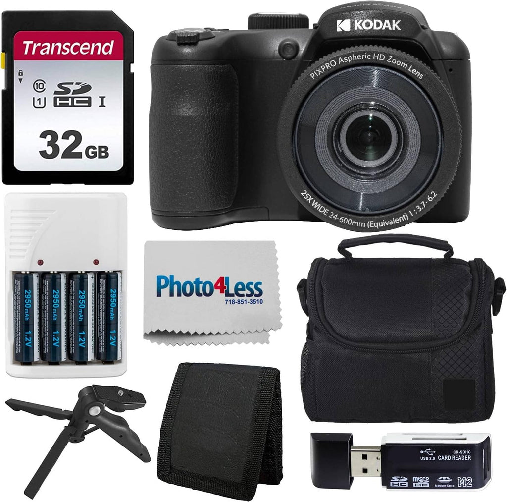 Kodak PIXPRO AZ255 Digital Camera (Black) Bundle with Point & Shoot Camera Case + 32GB SD Memory Card + Rechargeable Batteries & Charger + USB Card Reader + Table Tripod + Accessories