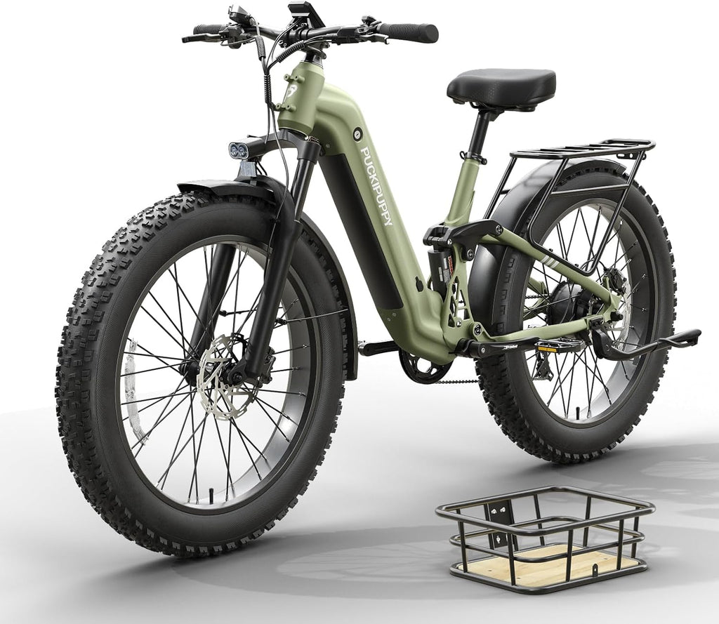 PUCKIPUPPY Electric Bike for Adults 960W, 48V 20AH Battery Adult Ebike, Full Suspension 26' Fat Tire E Bike, 28MPH 80Miles Range Mountain Electric Bicycle, 7 Speed, Hydraulic Disc Brakes
