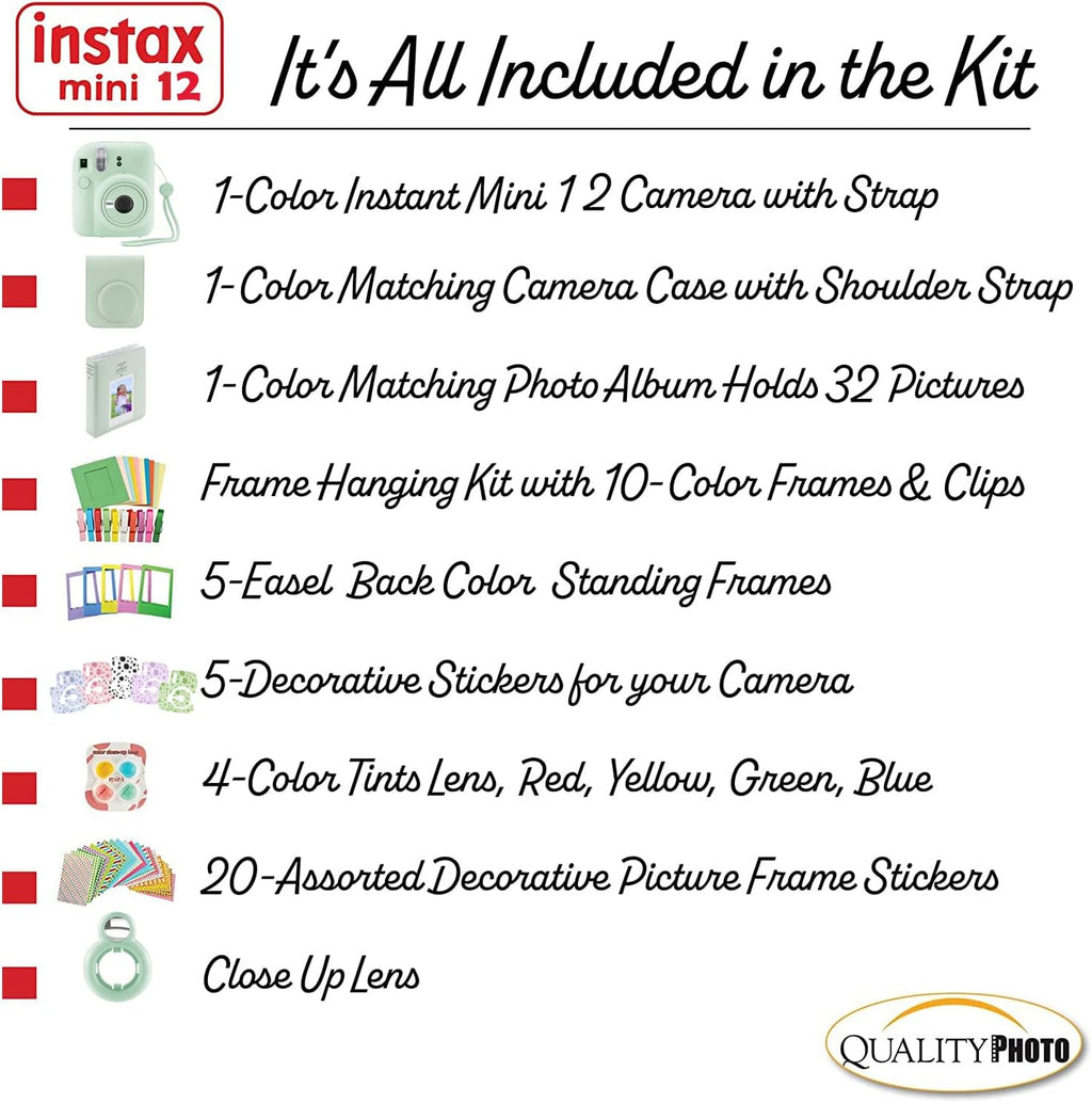 Fujifilm Instax Mini 12 Instant Camera with Case, Decoration Stickers, Frames, Photo Album and More Accessory kit (Mint Green)