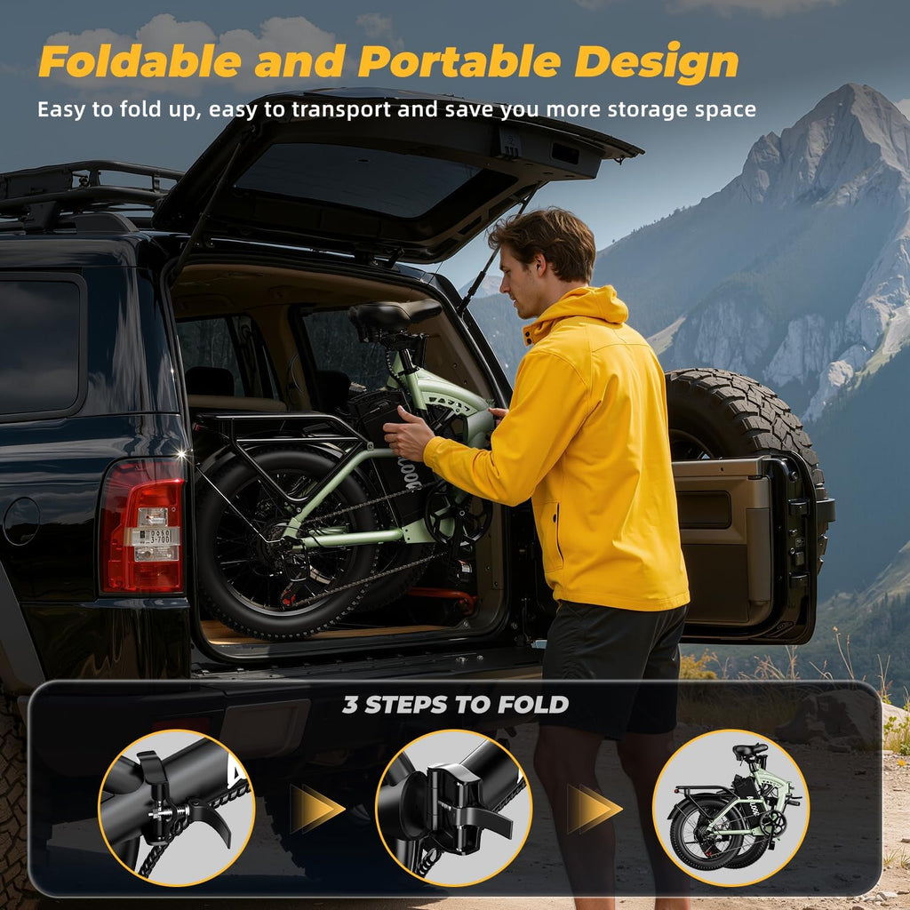 Foldable Electric Bike for Adults, 48V 20Ah Removable Lithium Battery up to 80Miles, 20' Fat Tire 1000W Peak Motor Dirt Ebike Adult Electric Bicycle for Commute Beach Mountain E Bike