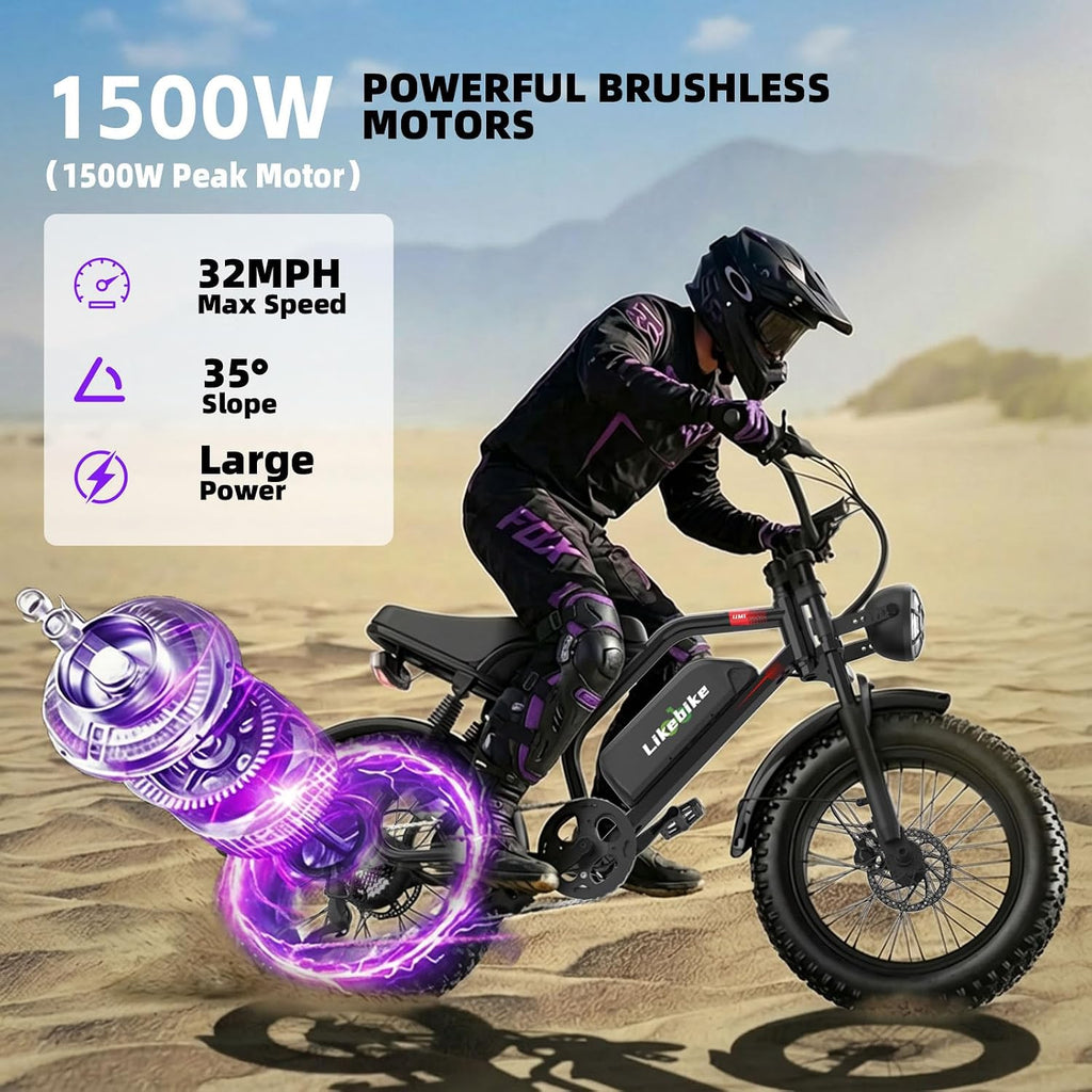 Likebike Electric Bike for Adults 1500W/2000W/3000W Peak,32/36/47MPH 20' Fat Tire Ebike, 48V 20AH/23AH/33Ah Removable Battery 7-Speed Full Suspension Mountain Bike Off Road Hydraulic Disc Brake