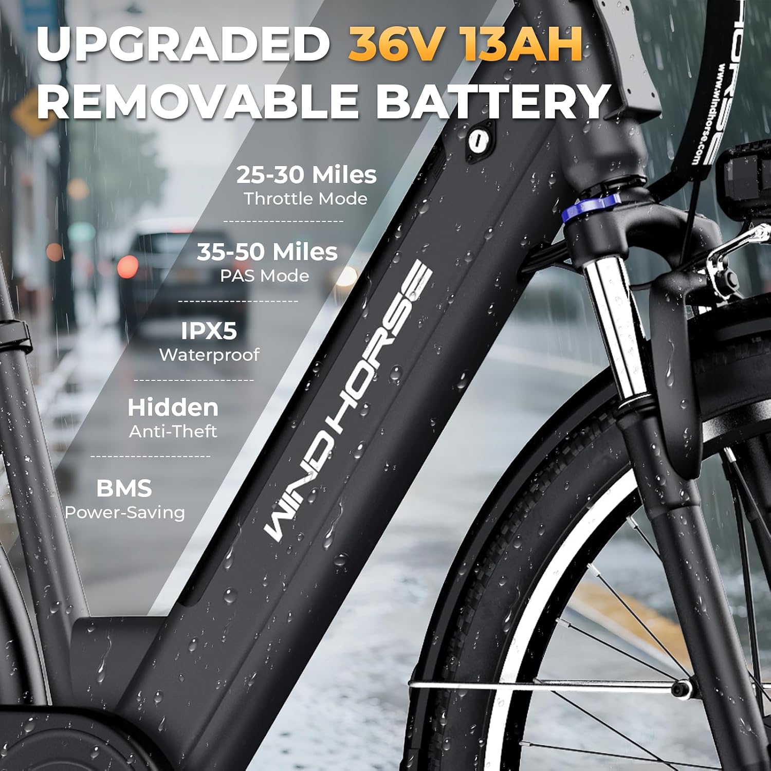 WINDHORSE 26' Electric Bike for Adults 20MPH & 30-50 Miles Range, Shimano 7-Speed, 468WH Removable Battery Commuter Ebike with 750W Peak Motor, Front Suspension, Rear Rack, Fenders, UL2849 Certified