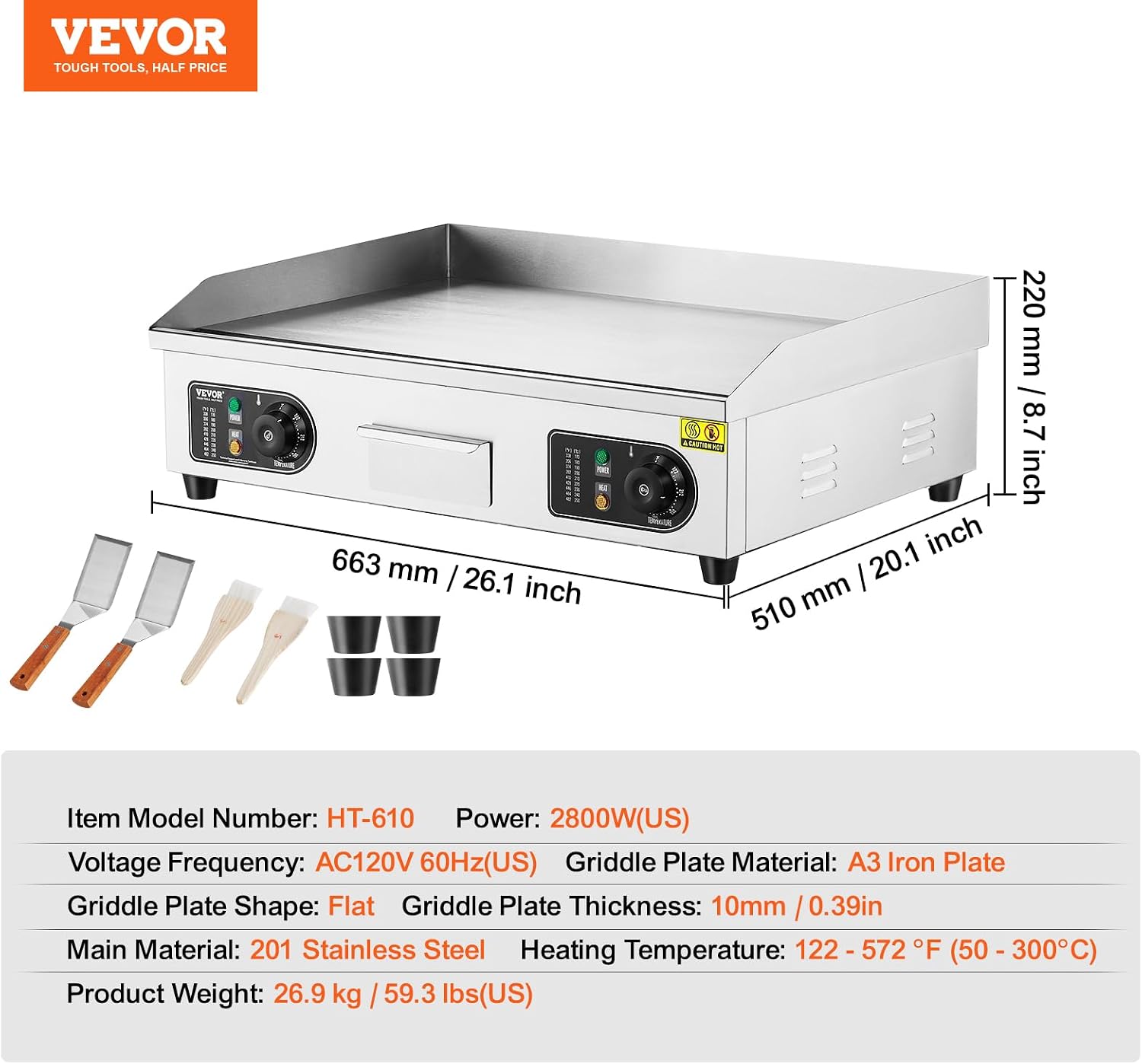 VEVOR Upgraded Commercial Electric Griddle, 2800W Stainless Steel Countertop Flat Top Grill, 26'' Griddle Grill with 2 Shovels and 2 Brushes, 122℉-572 ℉ Adjustable Temp, for Home Restaurant(No Plug)