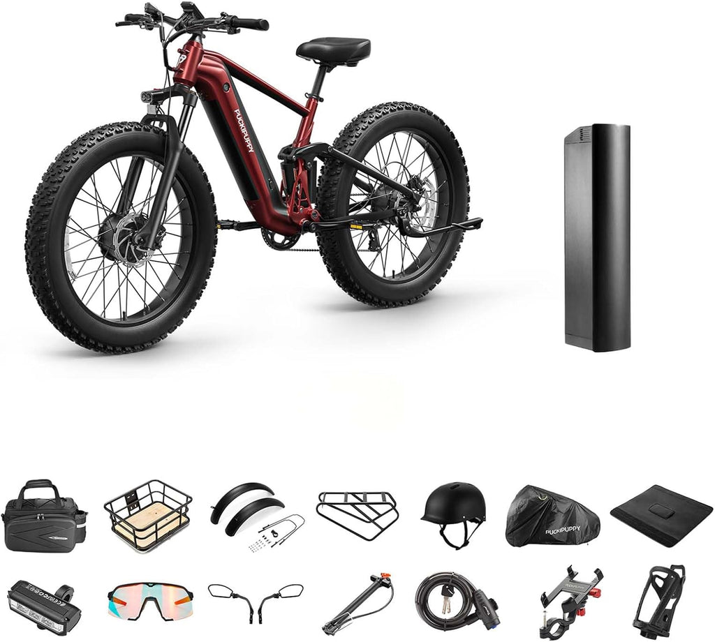 PUCKIPUPPY Dual Motor Electric Bike for Adults 1600W, 48V 20AH Battery with Torque Sensor, Full Suspension, 26' Fat Tire, 28MPH, 80 Mile Range, 8 Speed Mountain Electric Bicycle Golden Retriever Pro