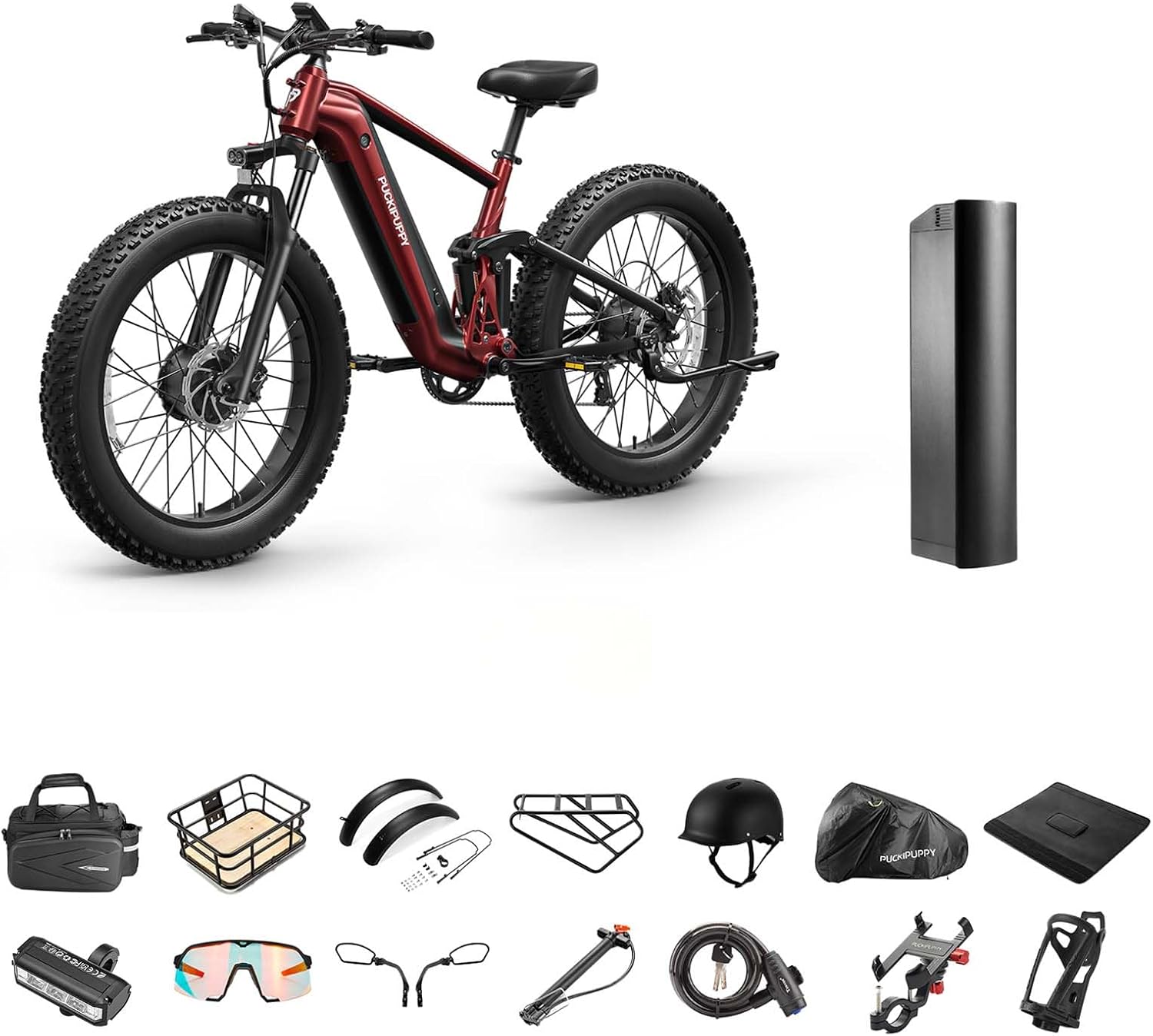 PUCKIPUPPY Dual Motor Electric Bike for Adults 1600W, 48V 20AH Battery with Torque Sensor, Full Suspension, 26' Fat Tire, 28MPH, 80 Mile Range, 8 Speed Mountain Electric Bicycle Golden Retriever Pro