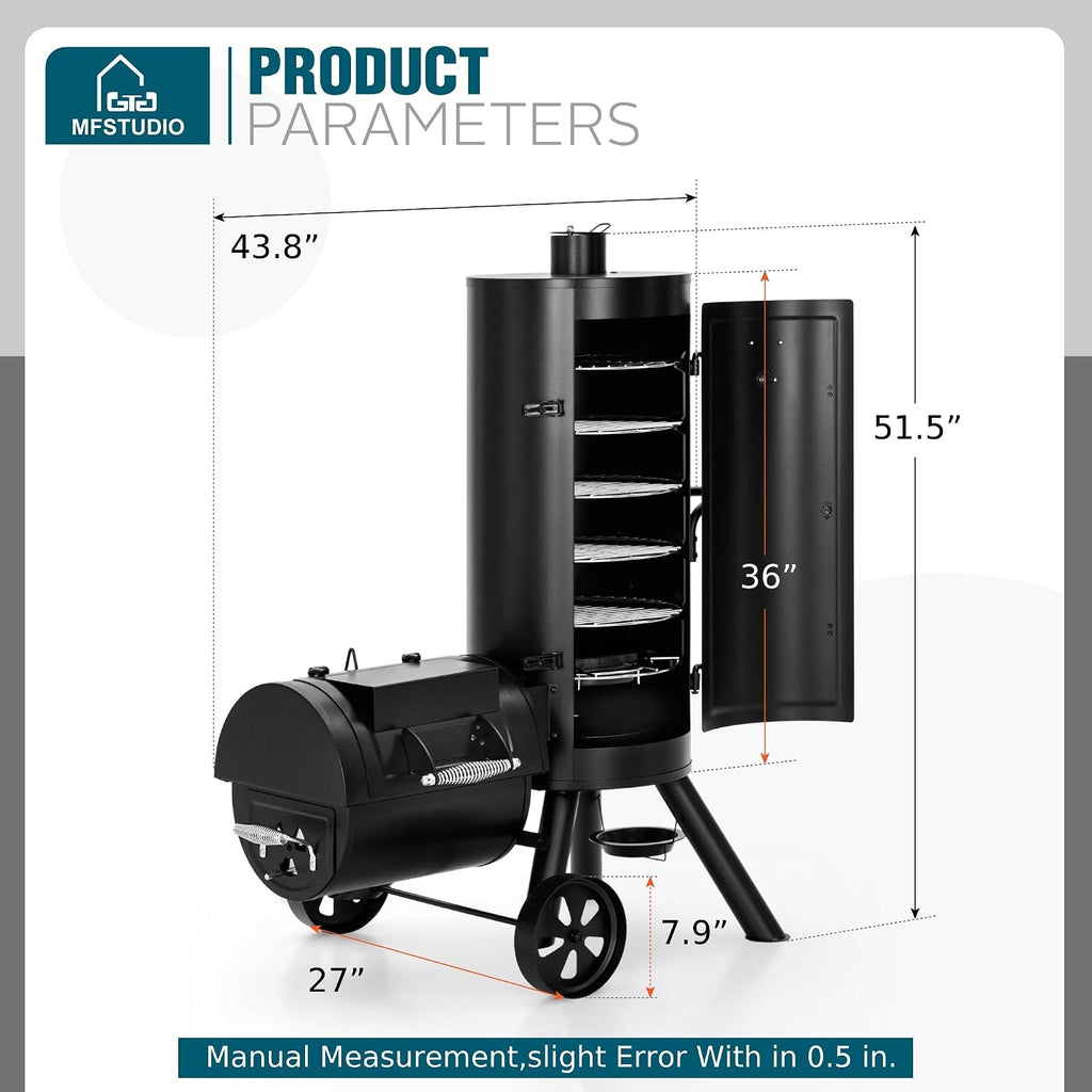 MFSTUDIO Vertical Offset Smoker Grill, Extra Large Barrel Charcoal Grill with Smoker Combo for BBQ Smoking, 961 SQ.IN.