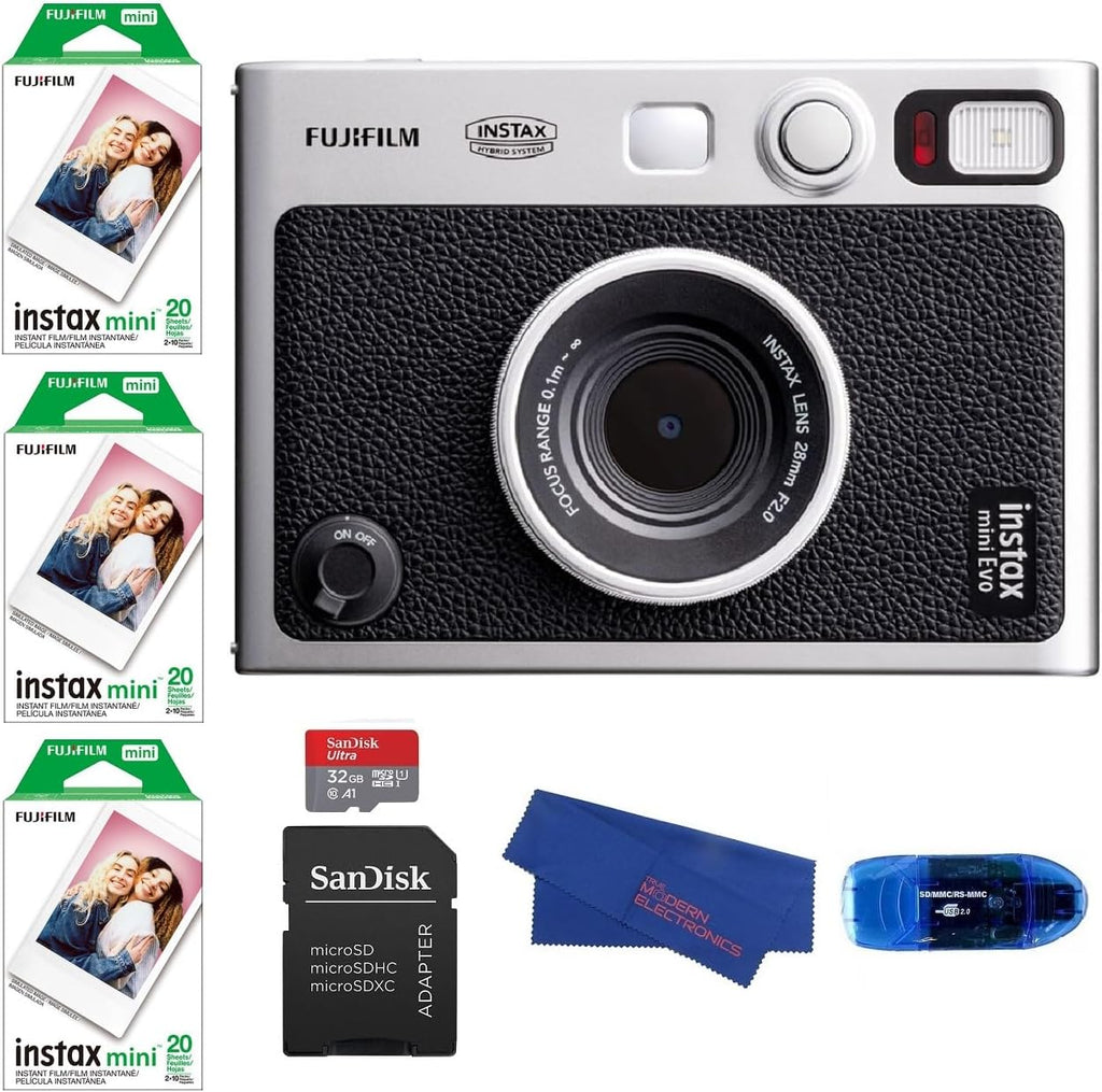 Fujifilm INSTAX MINI EVO Hybrid Instant Camera (Black) Bundle, Includes: 60 INSTAX Mini Film (60 Exposures), SanDisk 32GB MicroSDHC Memory Card and More (5 Items)