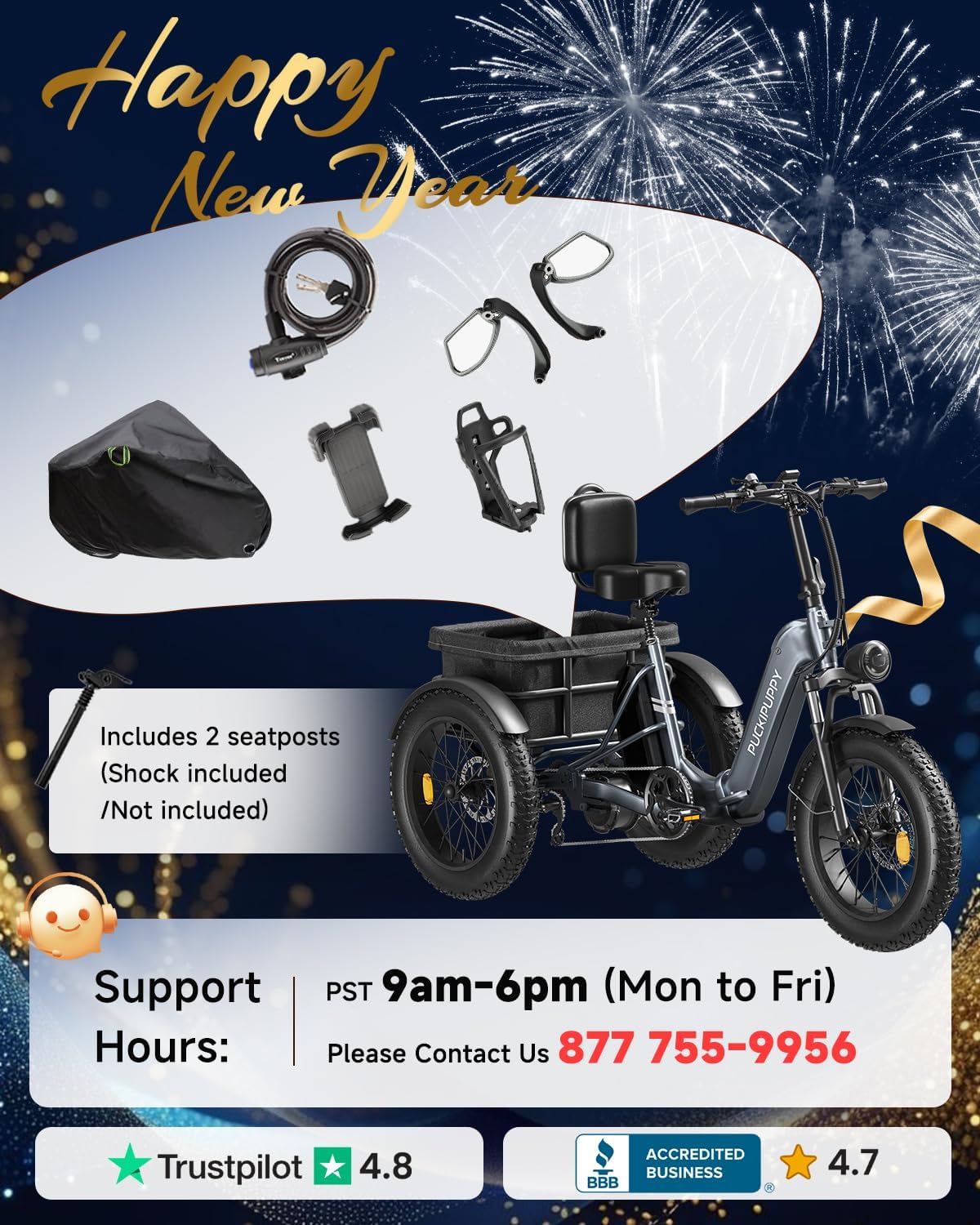Electric Trike for Adult with 960W Peak Motor, 48V 17.4AH Cells Battery, Pickup Class 500 LB Load Electric Tricycle with 20' Fat Tire and Large Basket, 60 Miles Range, for City and Mountain Road