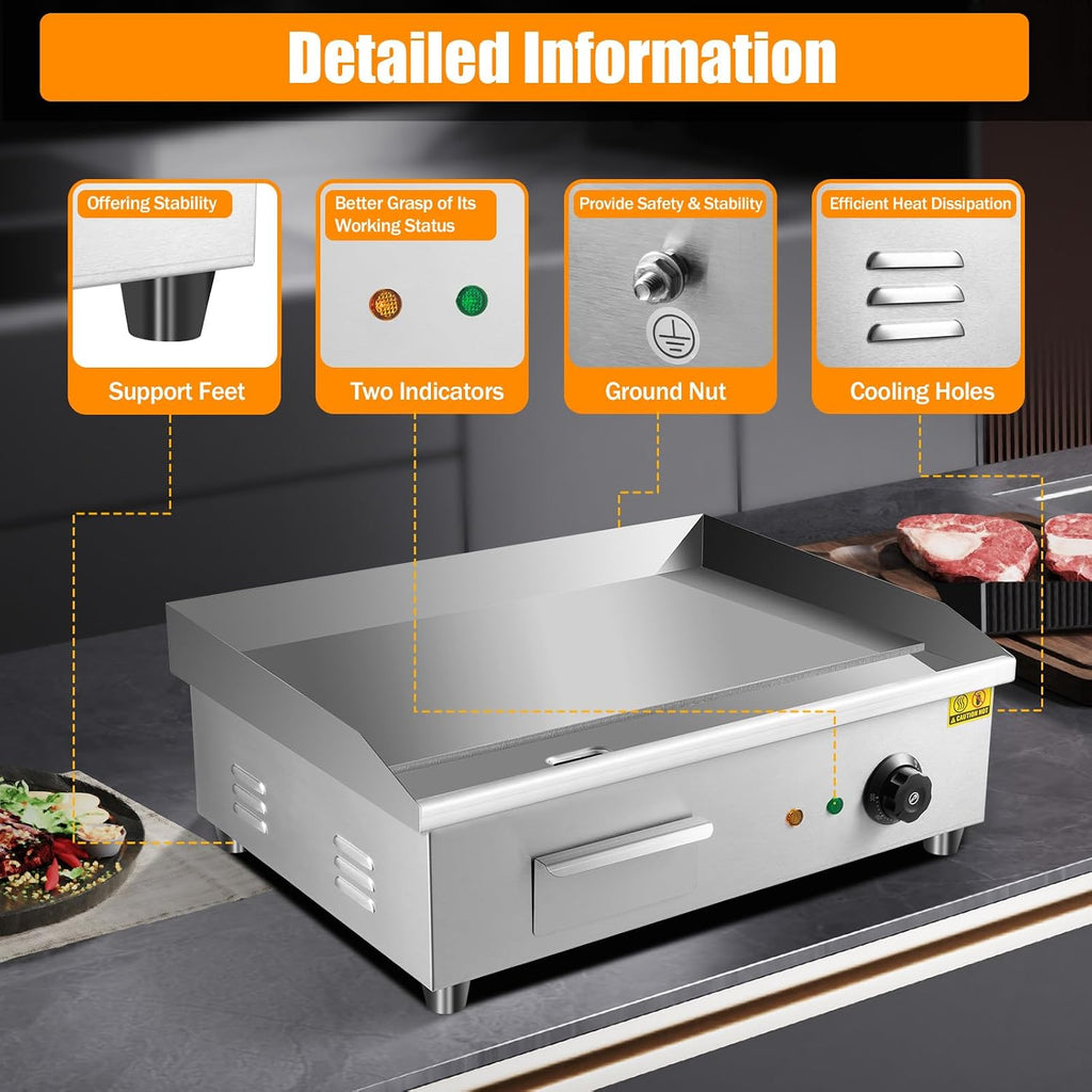 24'Commercial Electric Griddle Electric Countertop Griddle 3000W Restaurant Grill BBQ Flat Top 430 Stainless Steel Long Griddle Electric Nonstick Adjustable Thermostatic Control for Kitchen 110V